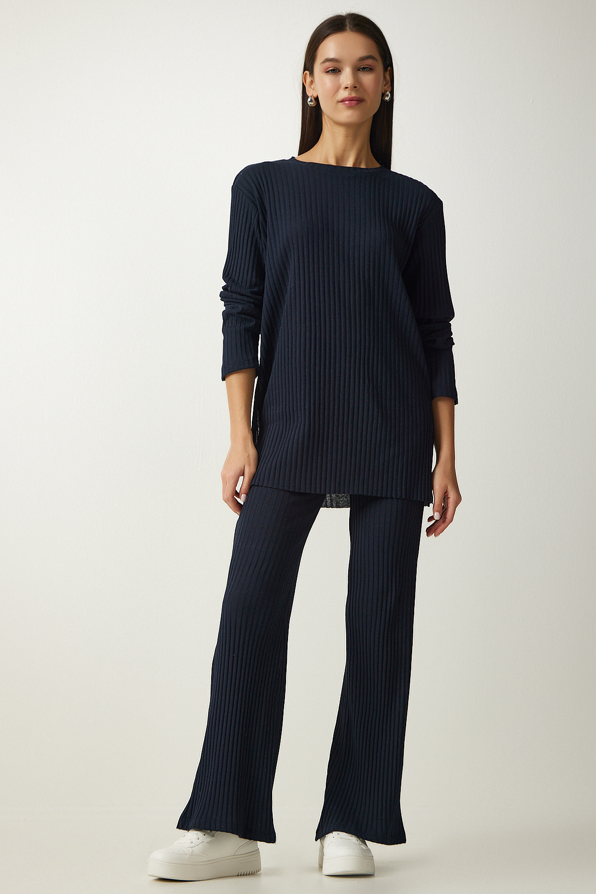 Happiness İstanbul Women's Navy Blue Corded Knitted Blouse and Trousers Set