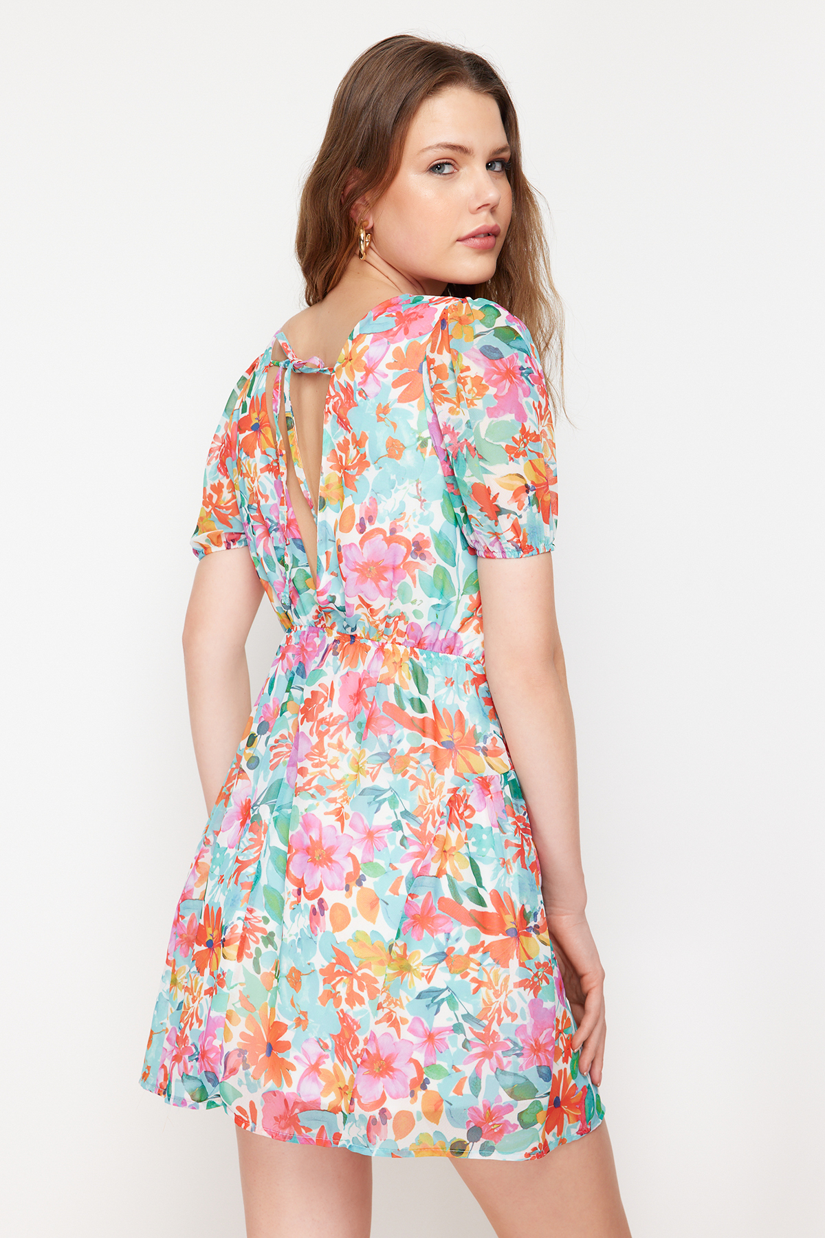 Trendyol Green Patterned Mini Woven Dress with Skater Skirt and Back Detail