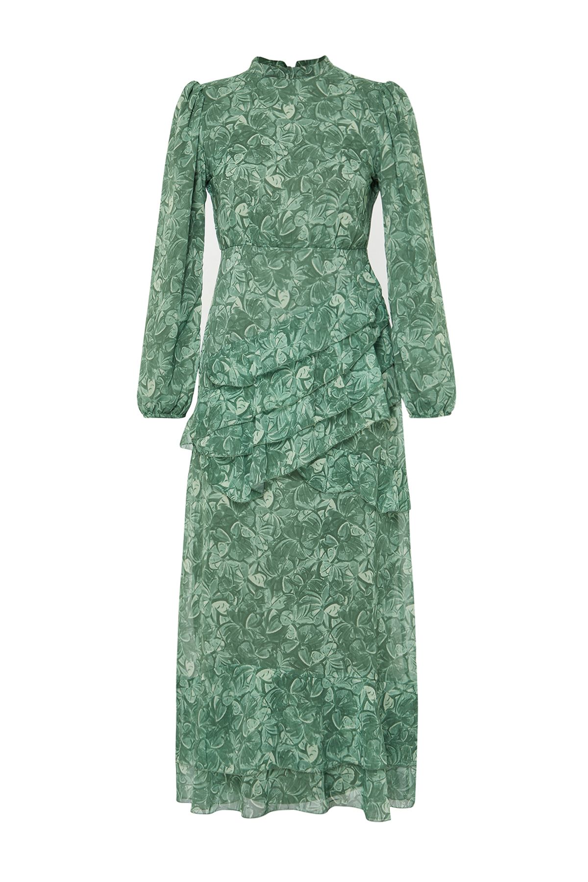 Trendyol Khaki Floral Skirt Frilly Lined Woven Chiffon Dress