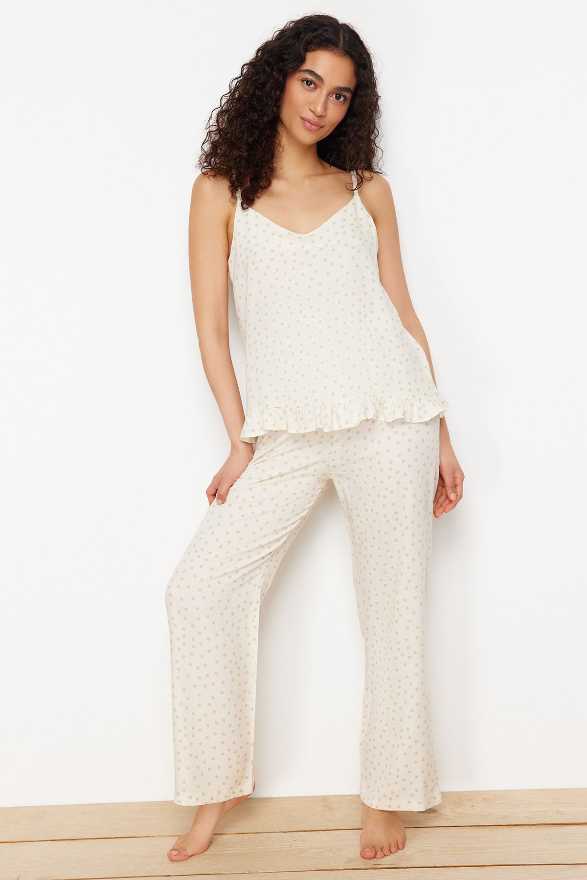 Trendyol Ecru Polka Dot Ruffle Detailed Rope Strap Viscose Woven Pajama Set