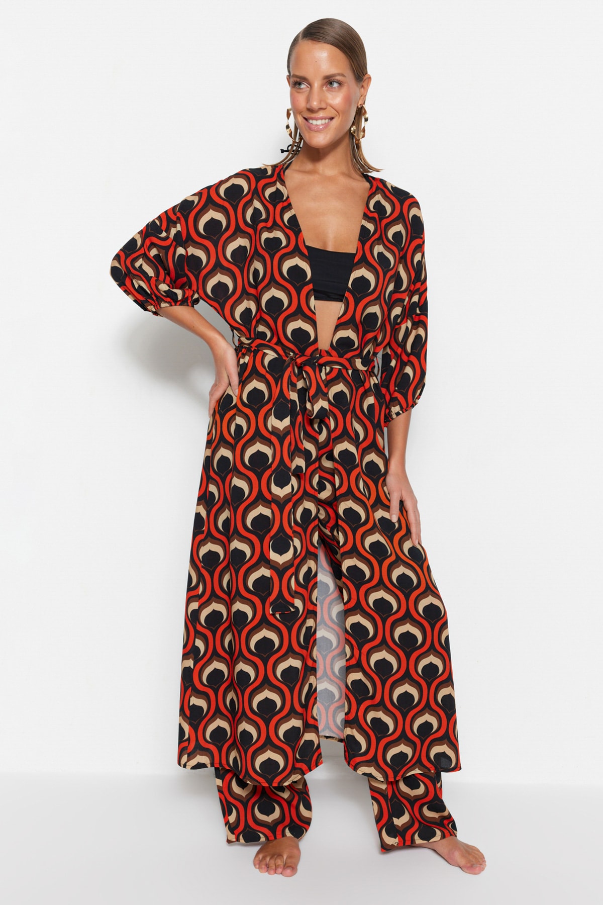 Trendyol Geometric Patterned Belted Maxi Woven Balloon Sleeve Kimono &amp; Kaftan