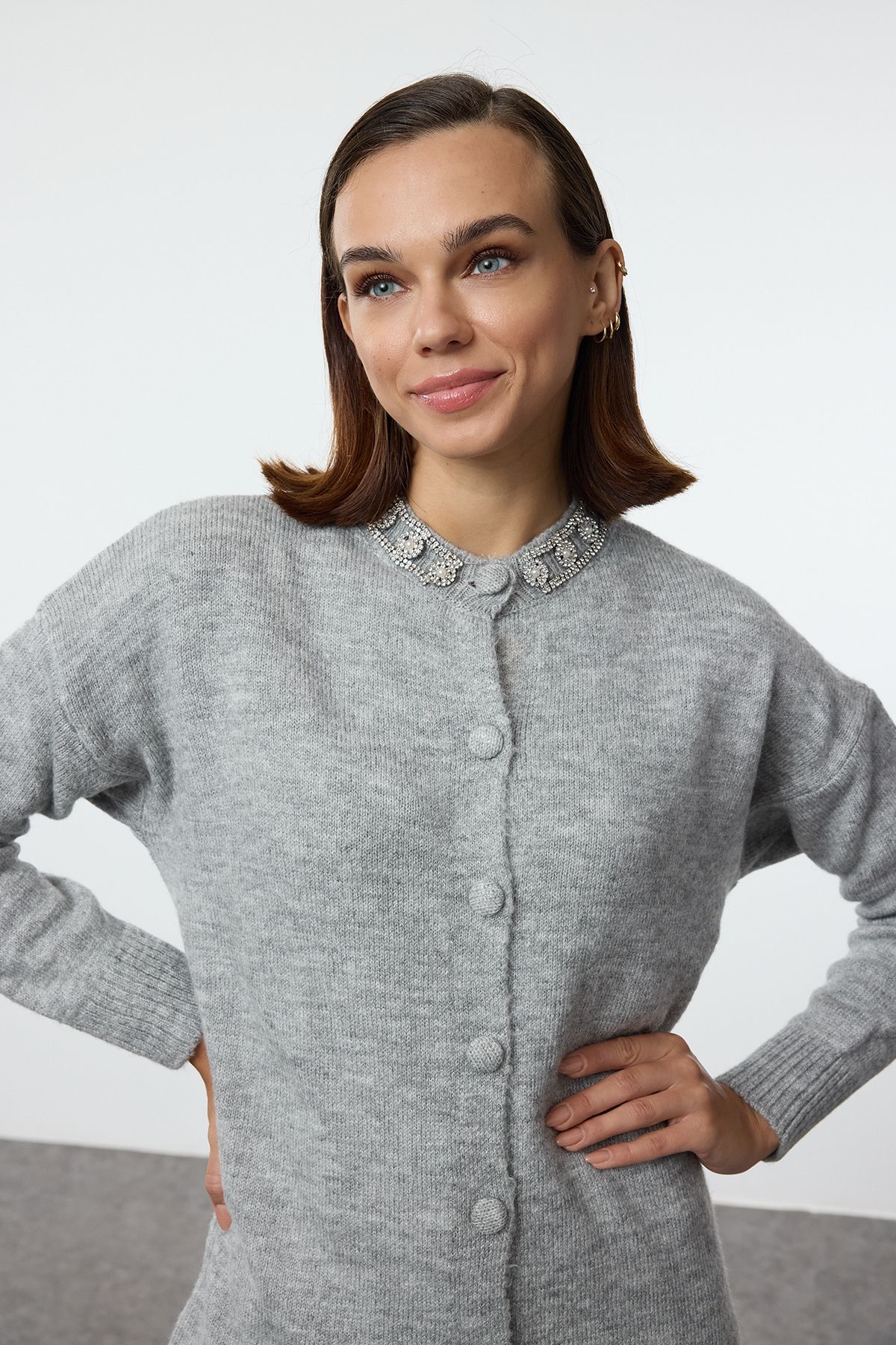 Trendyol Gray Accessory Detailed Knitwear Cardigan