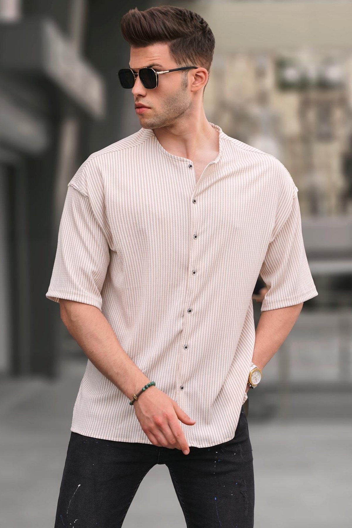 Levně Madmext Beige Collar Striped Short Sleeve Shirt 5863