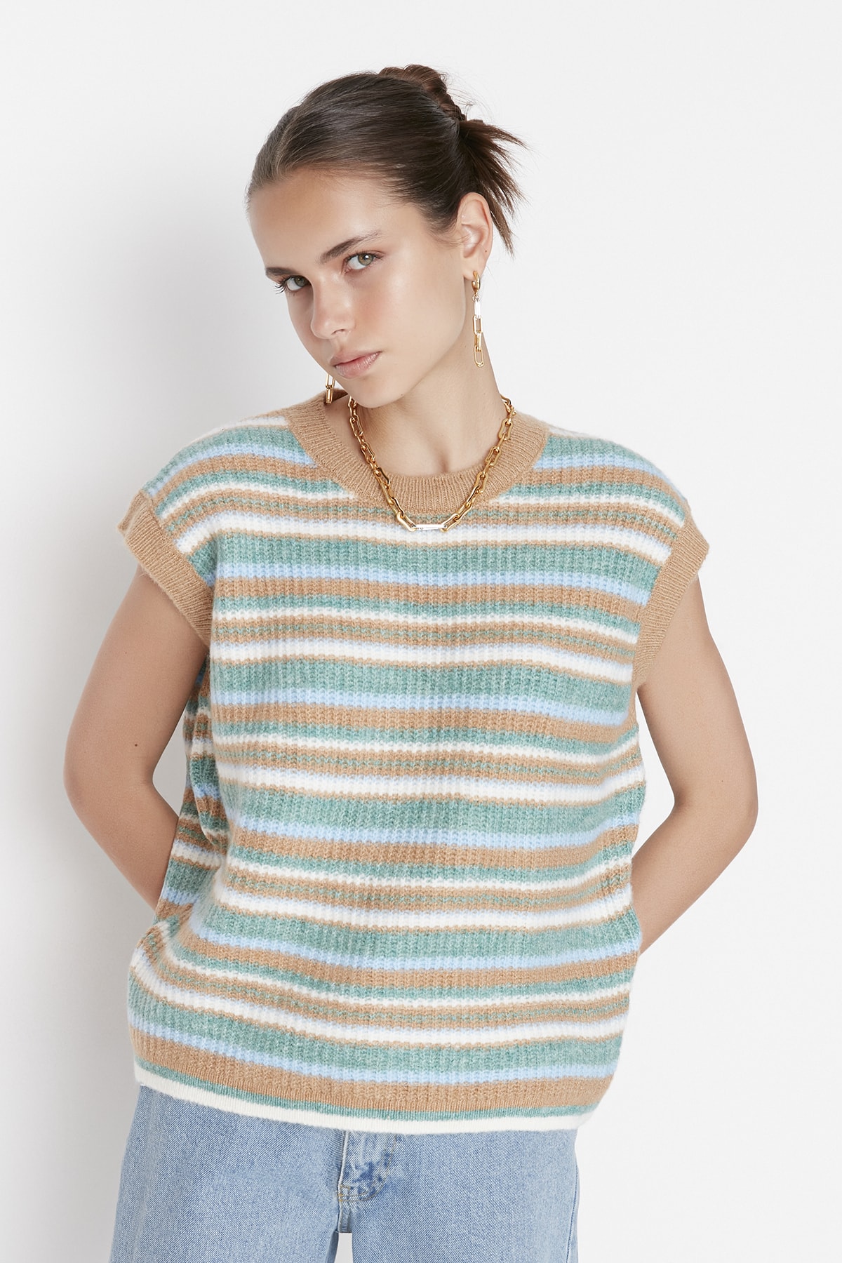 Trendyol Camel Color Block Crew Neck Knitwear Sweater