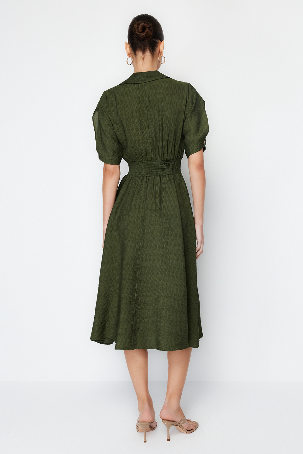 Trendyol Khaki A-line Shirt Collar Guiped Midi Woven Dress
