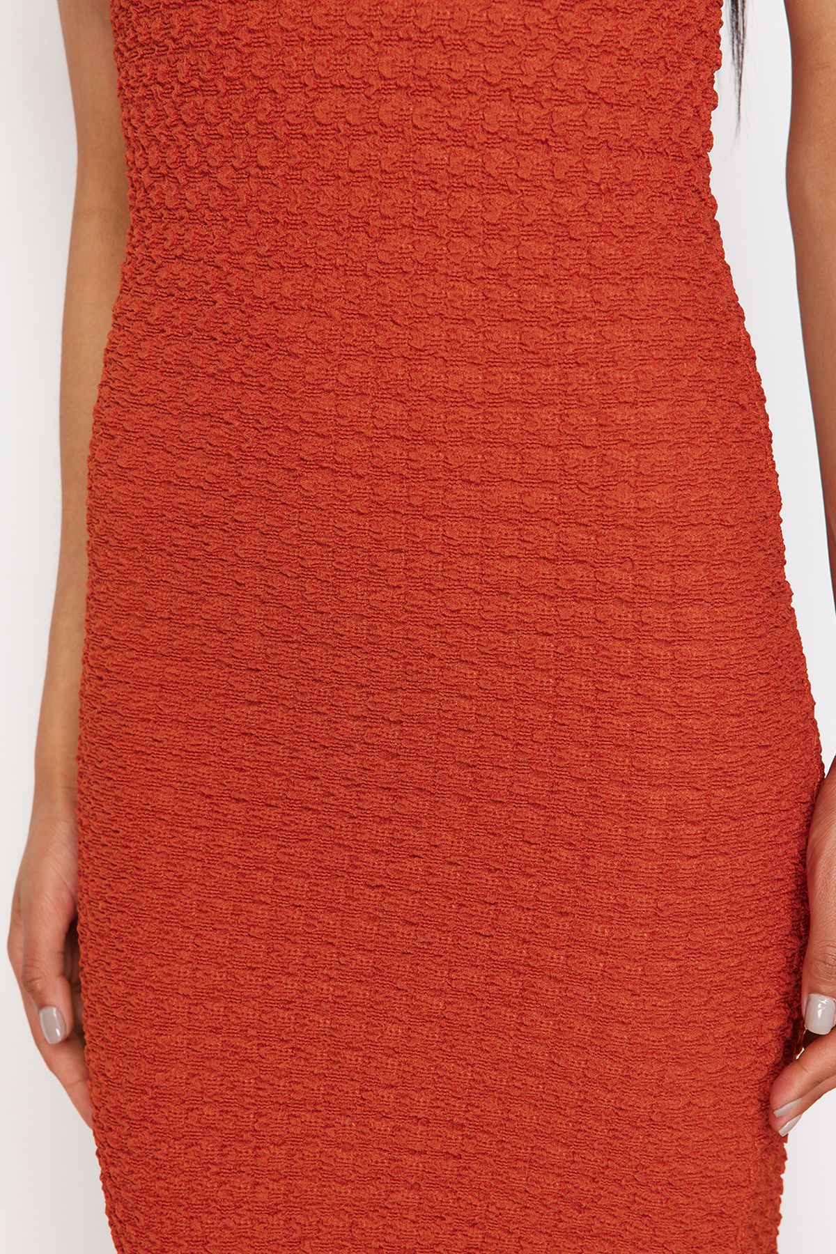 Trendyol Cinnamon Textured Plain Bodycone/Fit Strap Maxi Stretchy Knitted Pencil Dress