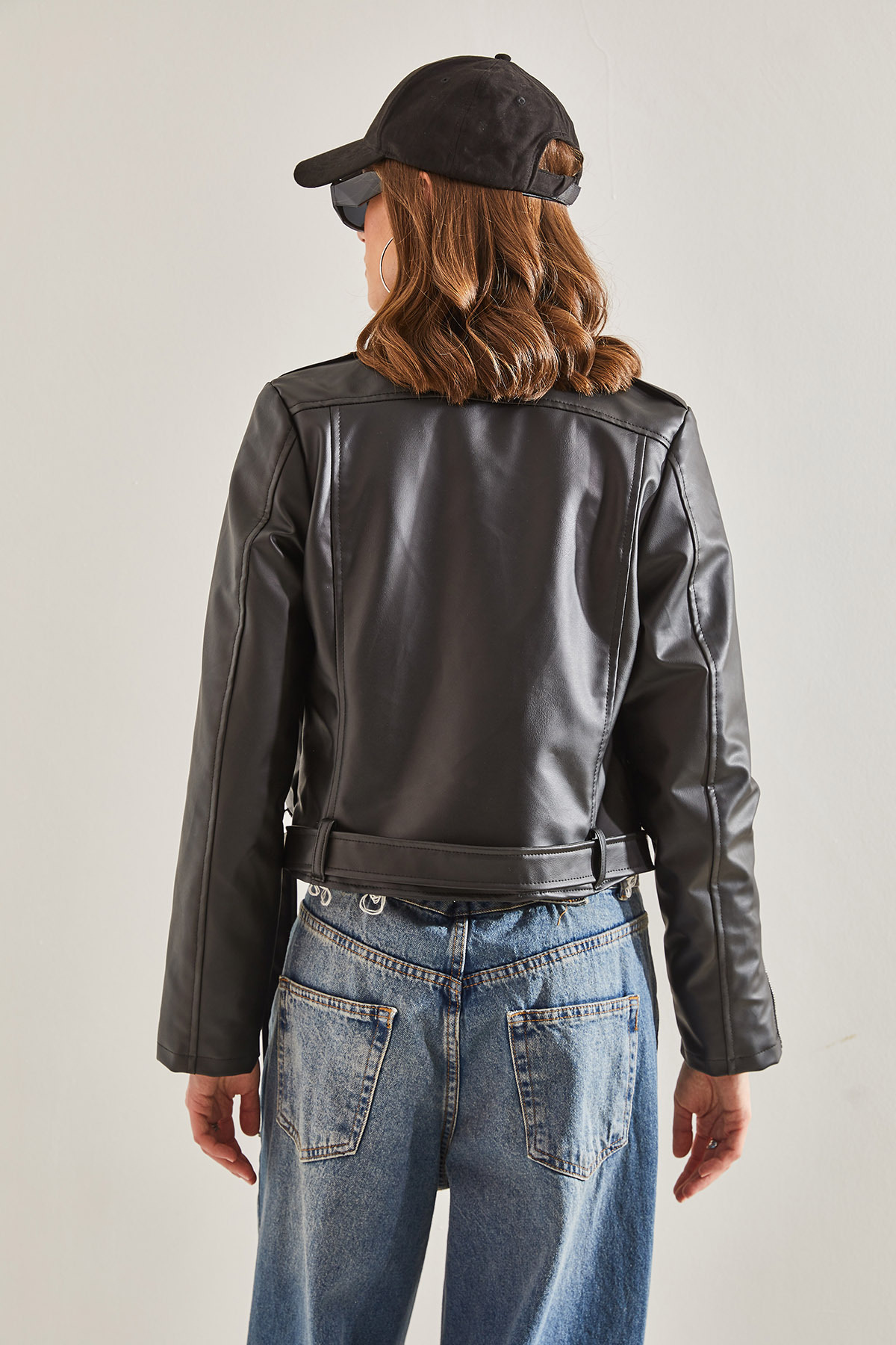 Bianco Lucci Women's Leather Jacket with Epaulettes, Zippered Sleeves and Belt