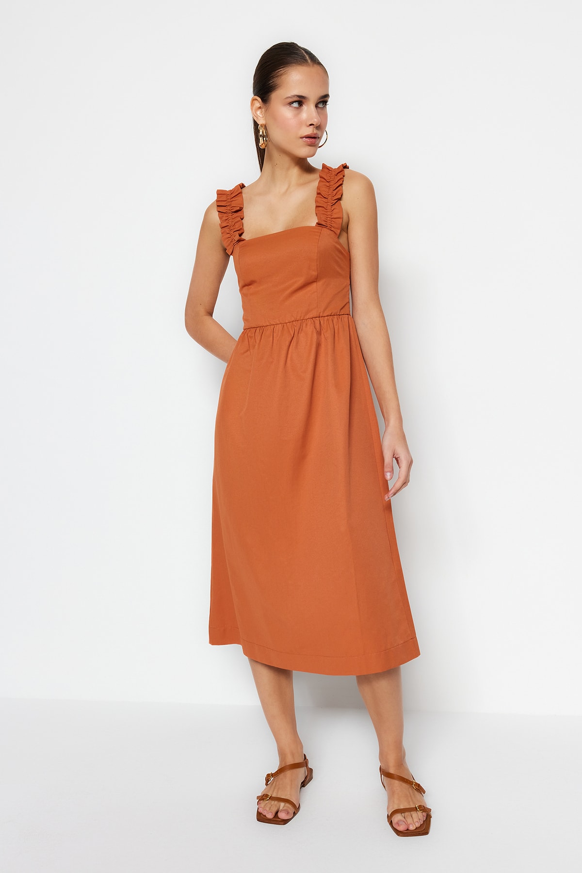 Trendyol Weave Tile Midi Dress With Ruffle Strap Detail