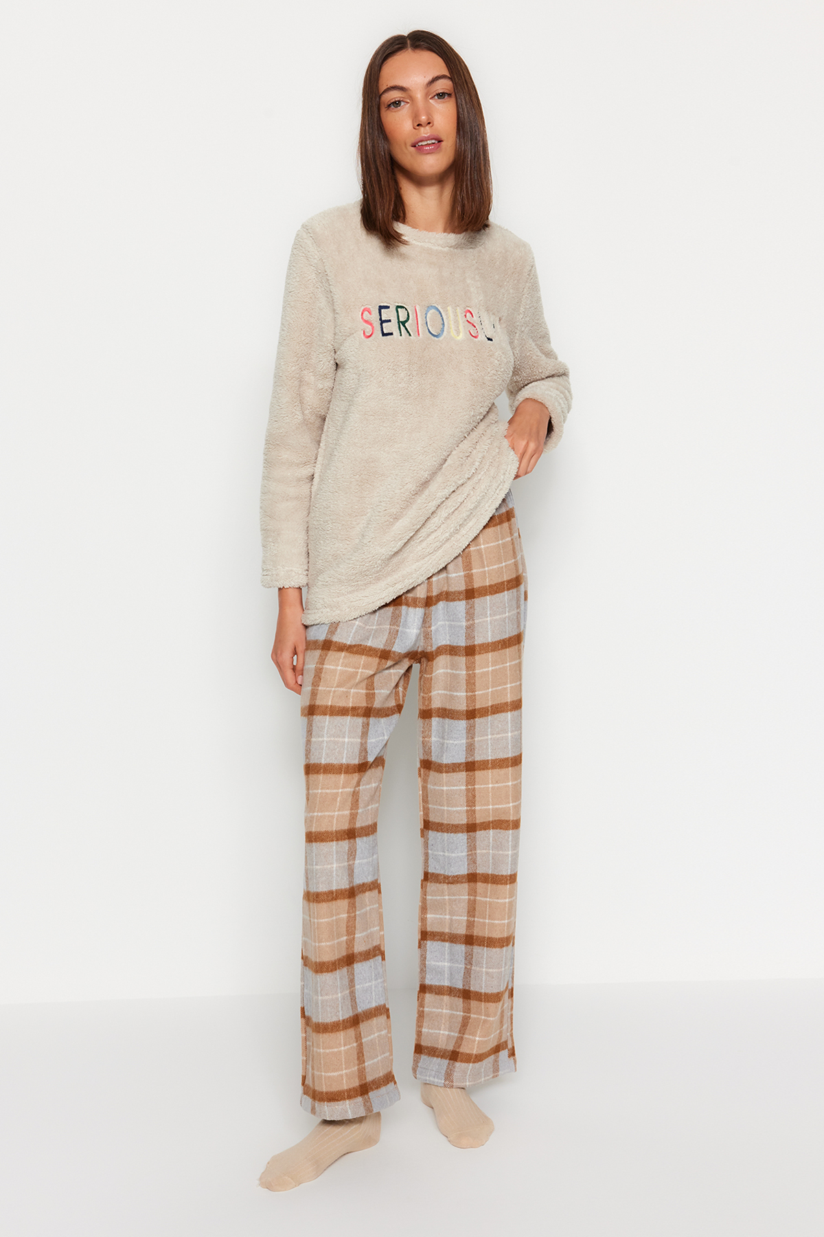 Levně Trendyol Brown-Multicolor Premium Cotton Plaid Woven Pajama Bottoms
