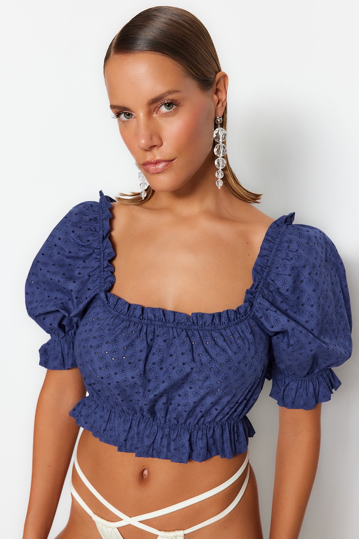 Trendyol Blue Crop 100% Cotton Blouse with Balloon Sleeves