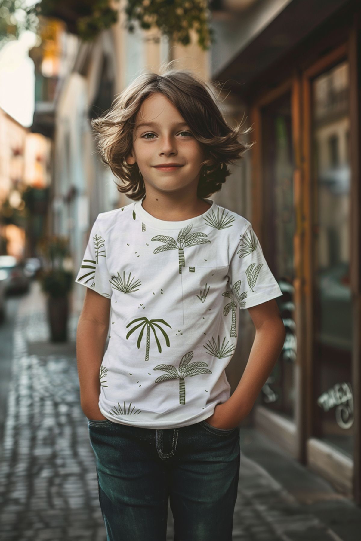 Trendyol White Boy Palm Patterned Regular Fit Short Sleeve Knitted T-Shirt
