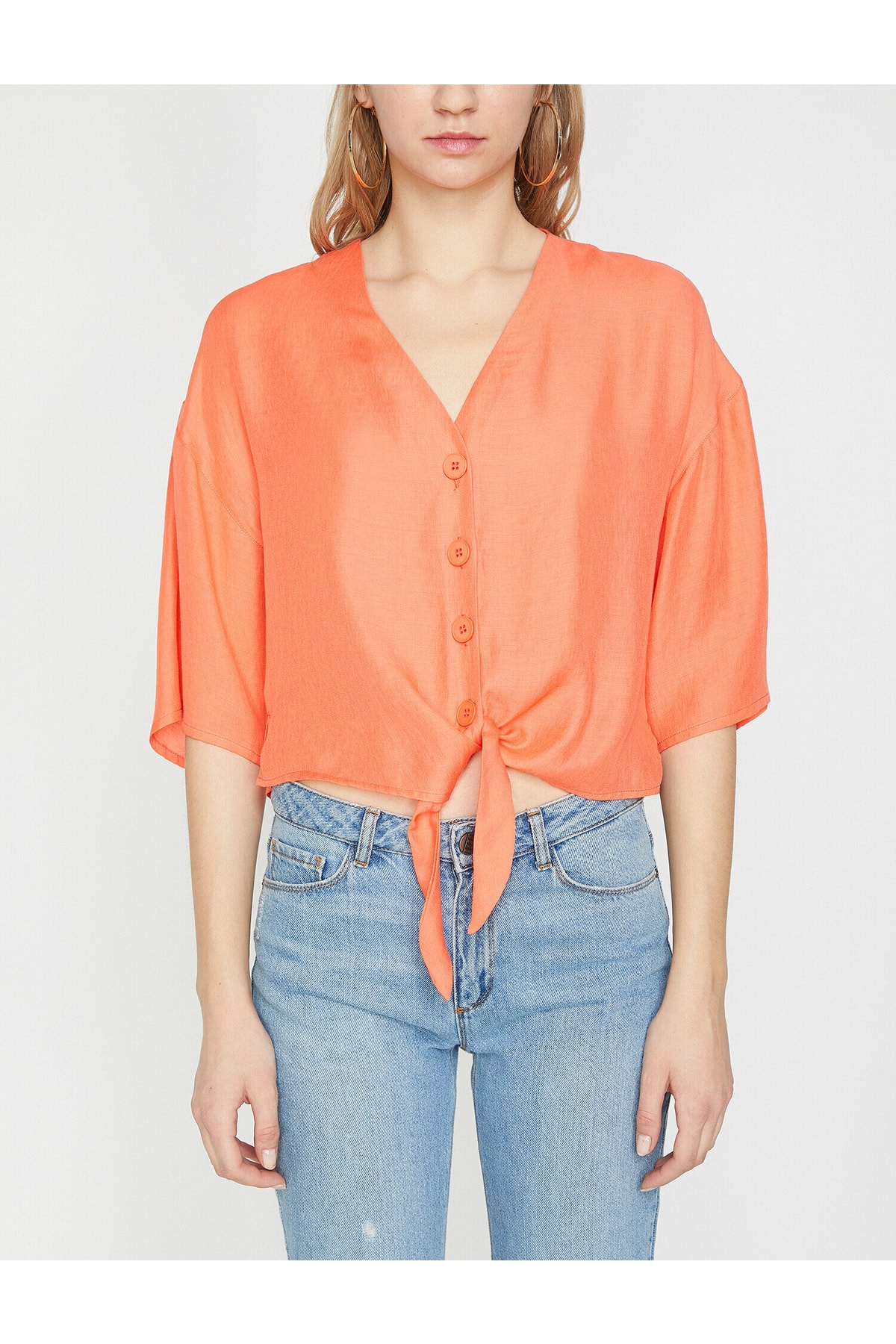 Koton femeii Red Short Sleeve V Gât Cravată Talie Shirt