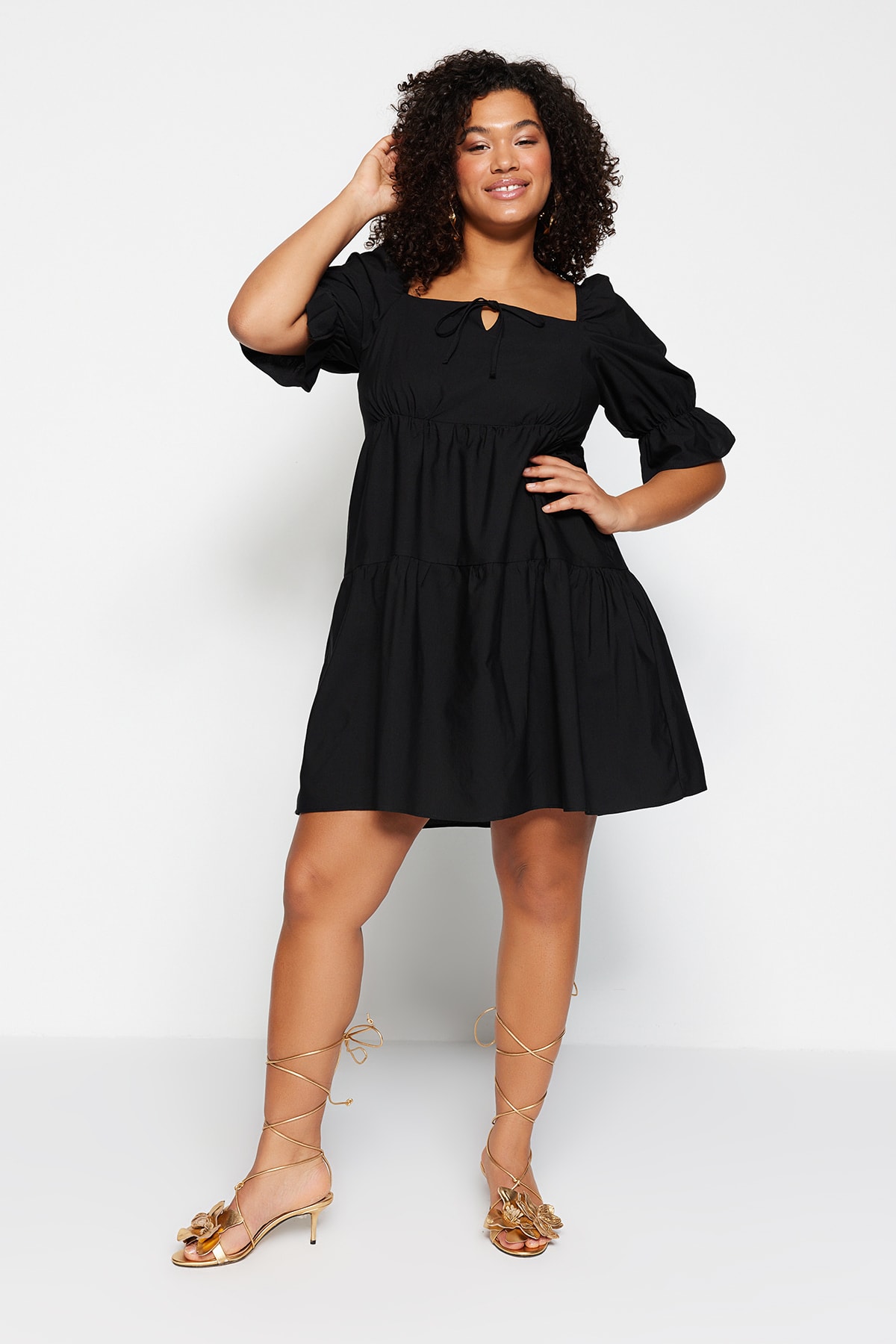 Trendyol Curve Black Lace-Up Detailed Woven Dress