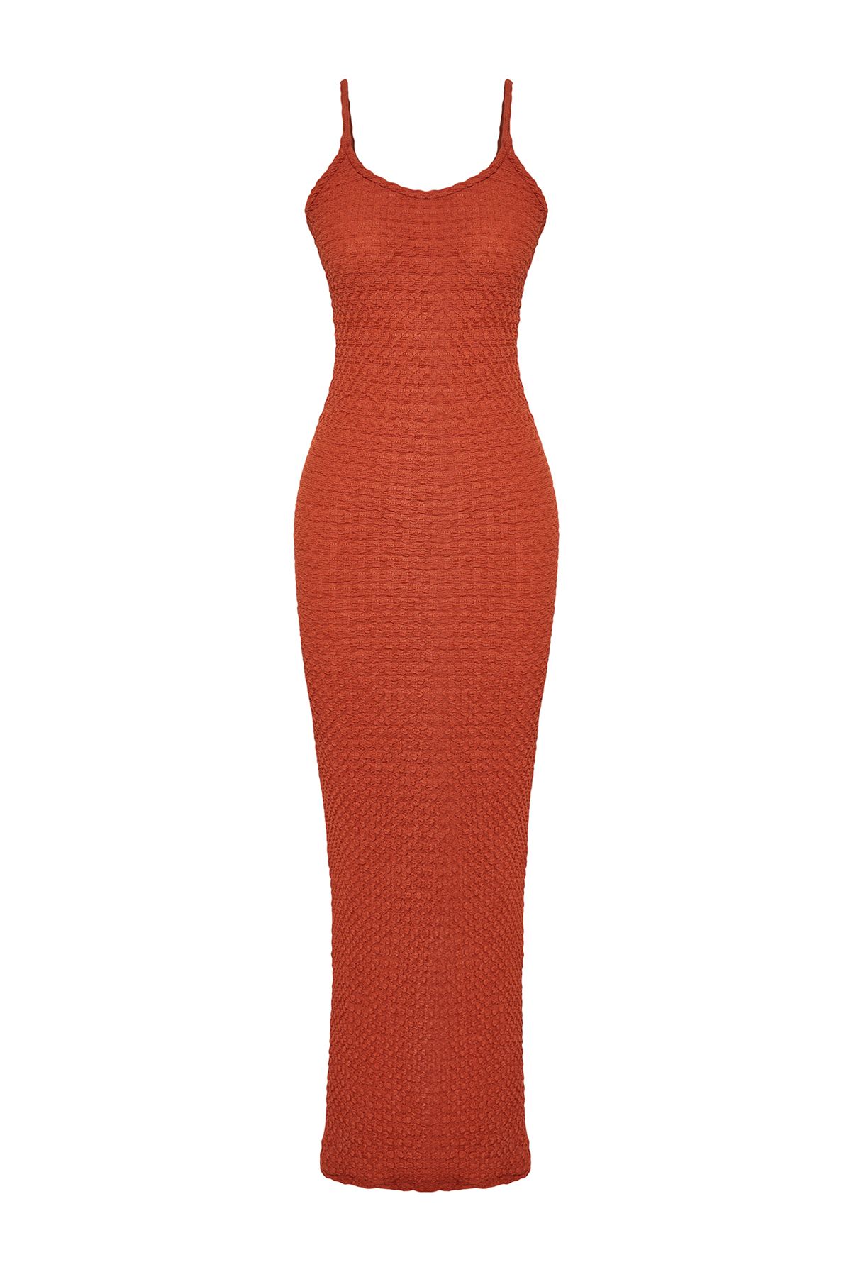 Trendyol Cinnamon Textured Plain Bodycone/Fit Strap Maxi Stretchy Knitted Pencil Dress