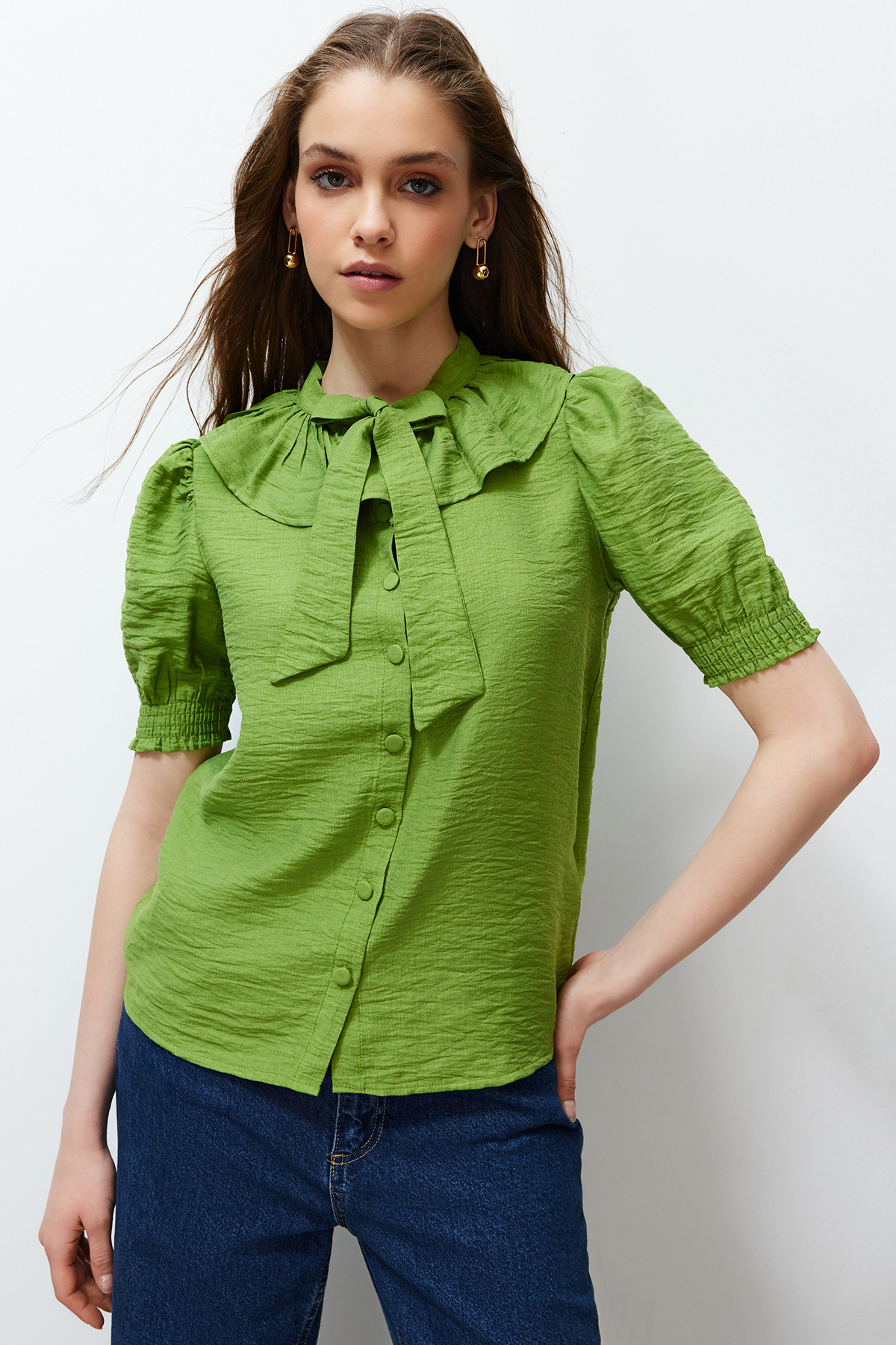 Levně Trendyol Green Collar Detailed Woven Shirt