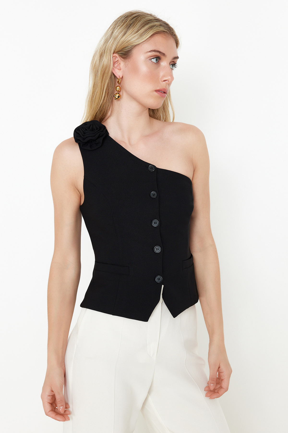 Trendyol Limited Edition Black Fitted One Shoulder Rose Detail Crop Woven Vest