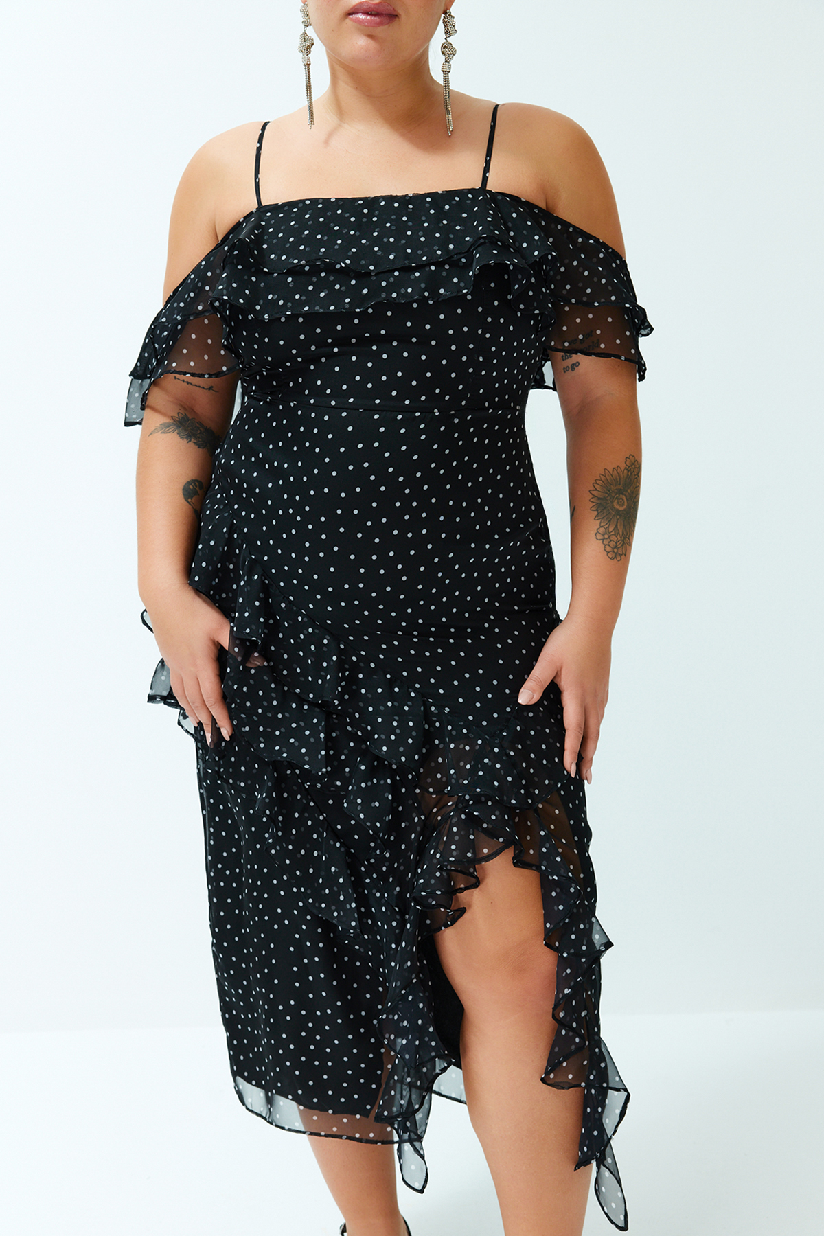 Trendyol Curve Black Polka Dot Ruffle Adjustable Strap Maxi/Long Length Woven Dress