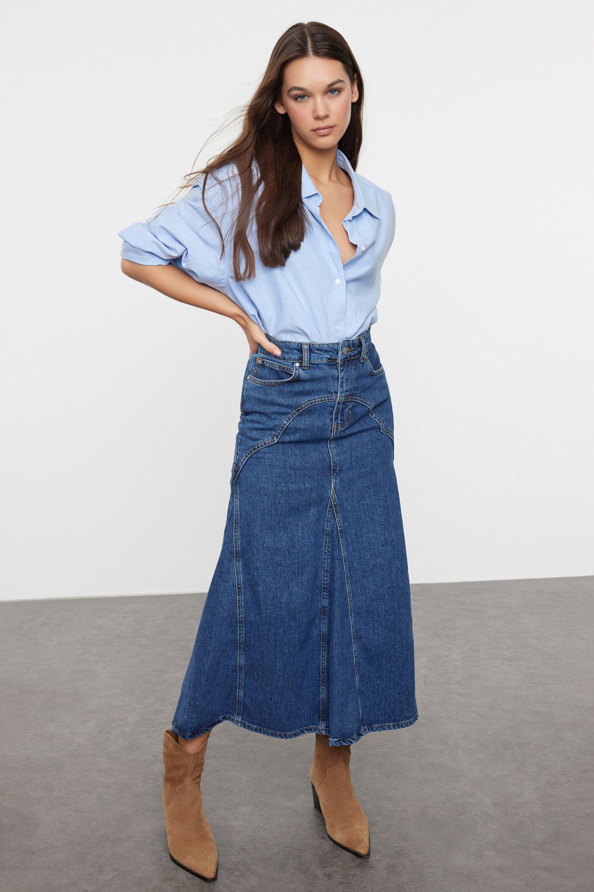 Trendyol Dark Blue More Sustainable Denim Skirt with Stitching Detail