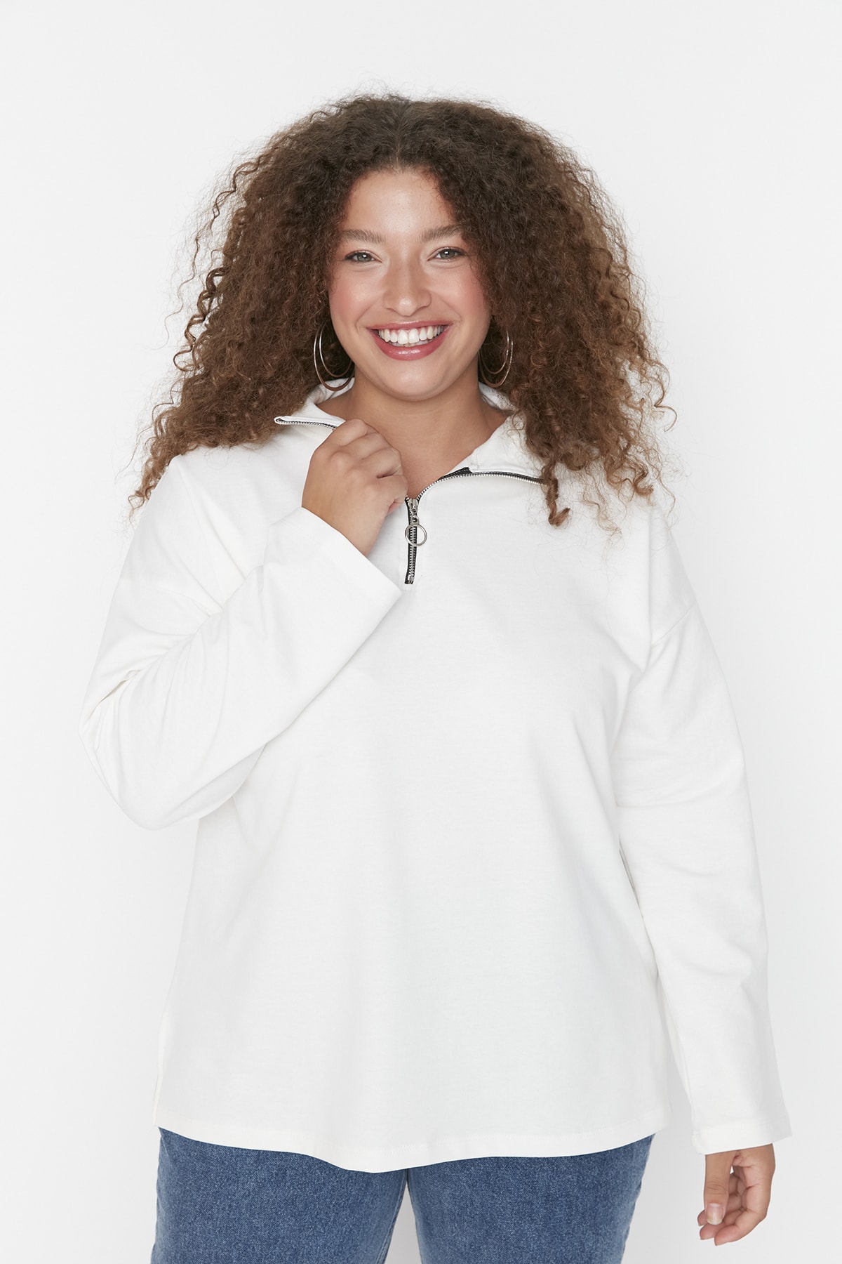 Trendyol Curve Plus Size Sweatshirt - Ecru - Oversize