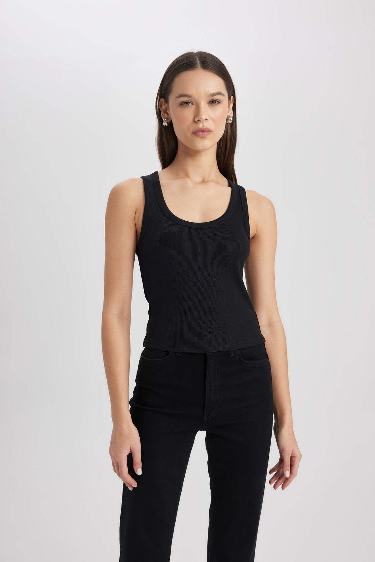 DEFACTO Fitted U Neck Ribbed Camisole Black Undershirt