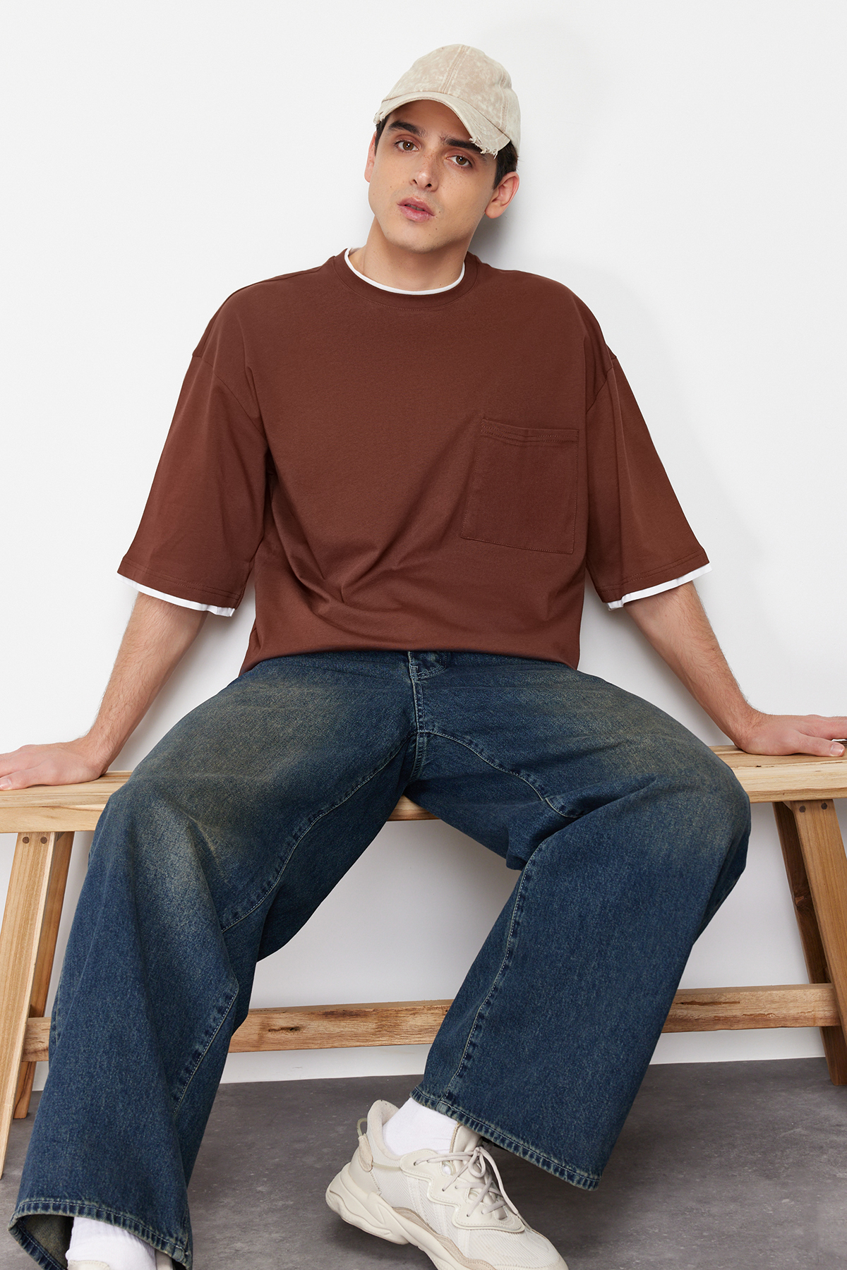 Trendyol Brown Oversize Pocket Detailed 100% Cotton T-Shirt