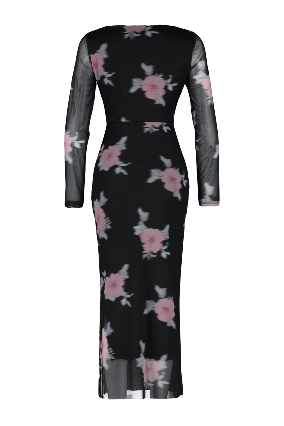 Trendyol Black Tulle Floral Fitted Square Collar Long Sleeve Maxi Stretch Knit Dress
