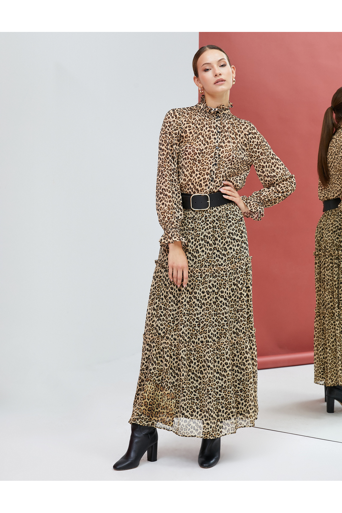 Koton Maxi Chiffon Skirt Leopard Patterned Ruffles Lined.