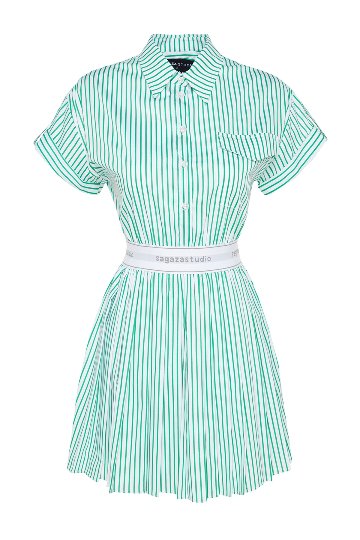 Trendyol X Sagaza Studio alb-verde elastic detaliat poplin rochie