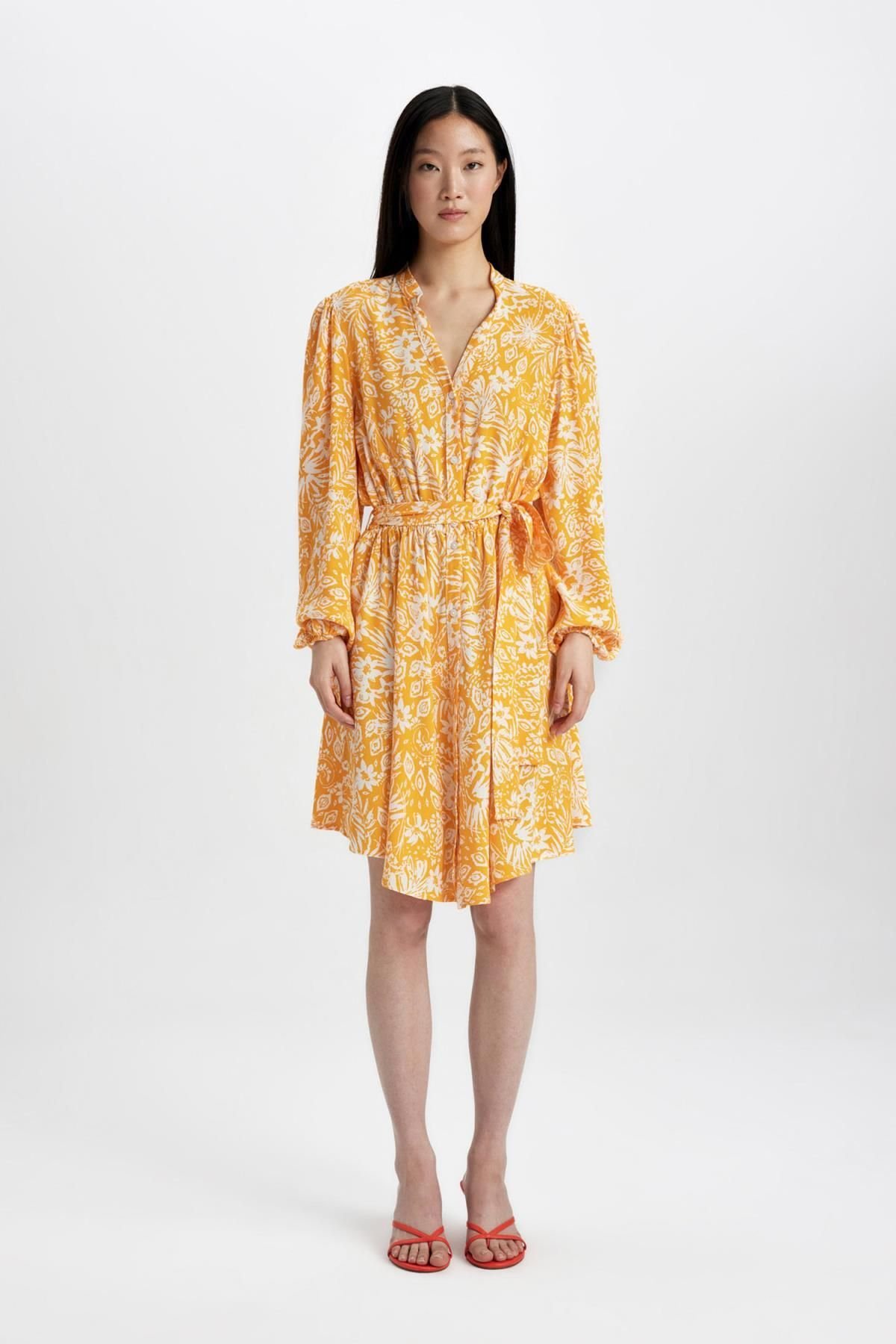 DEFACTO Loose Neck Patterned Moroccan Long Sleeve Midi Dress