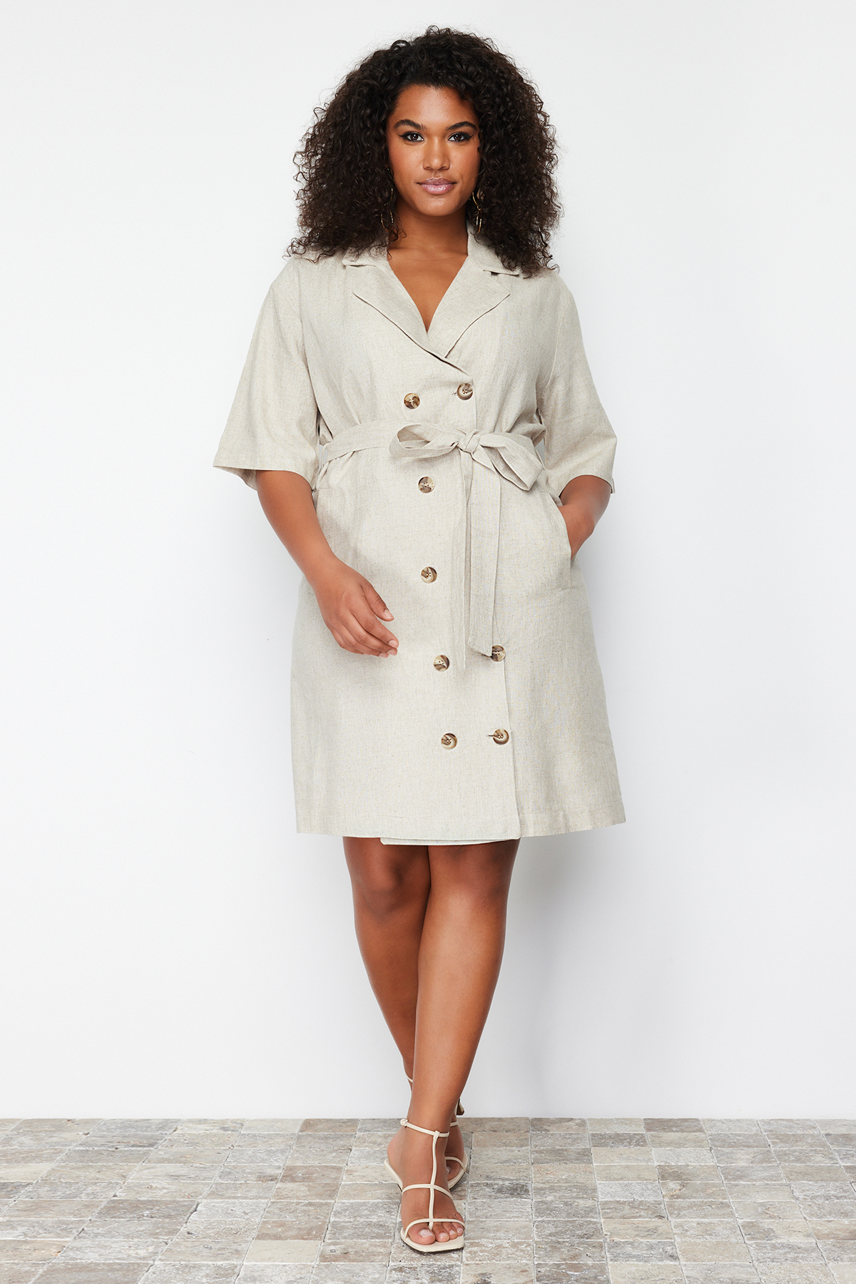 Trendyol Curve Beige Double Breasted Woven Jacket Linen Blend Dress
