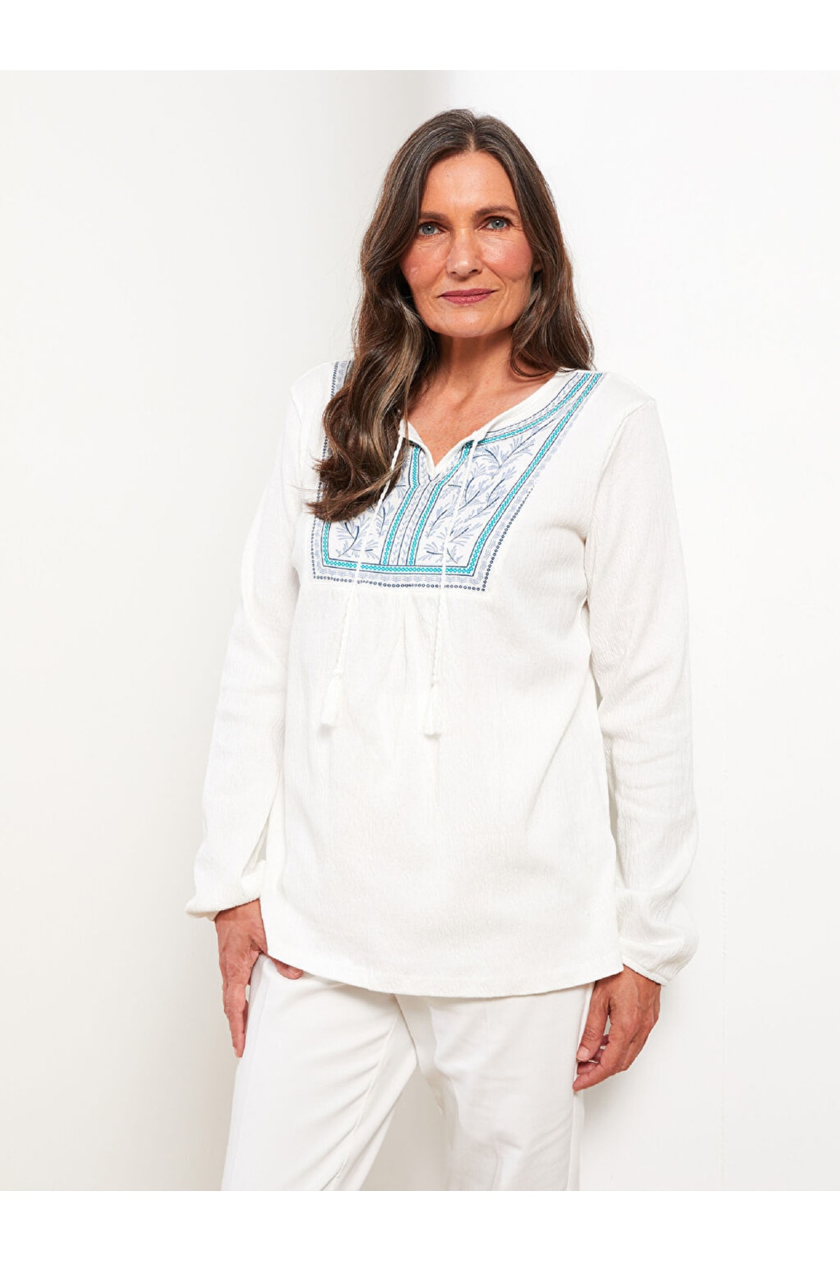 LC Waikiki Women's Pile Collar Embroidered Long Sleeve Blouse
