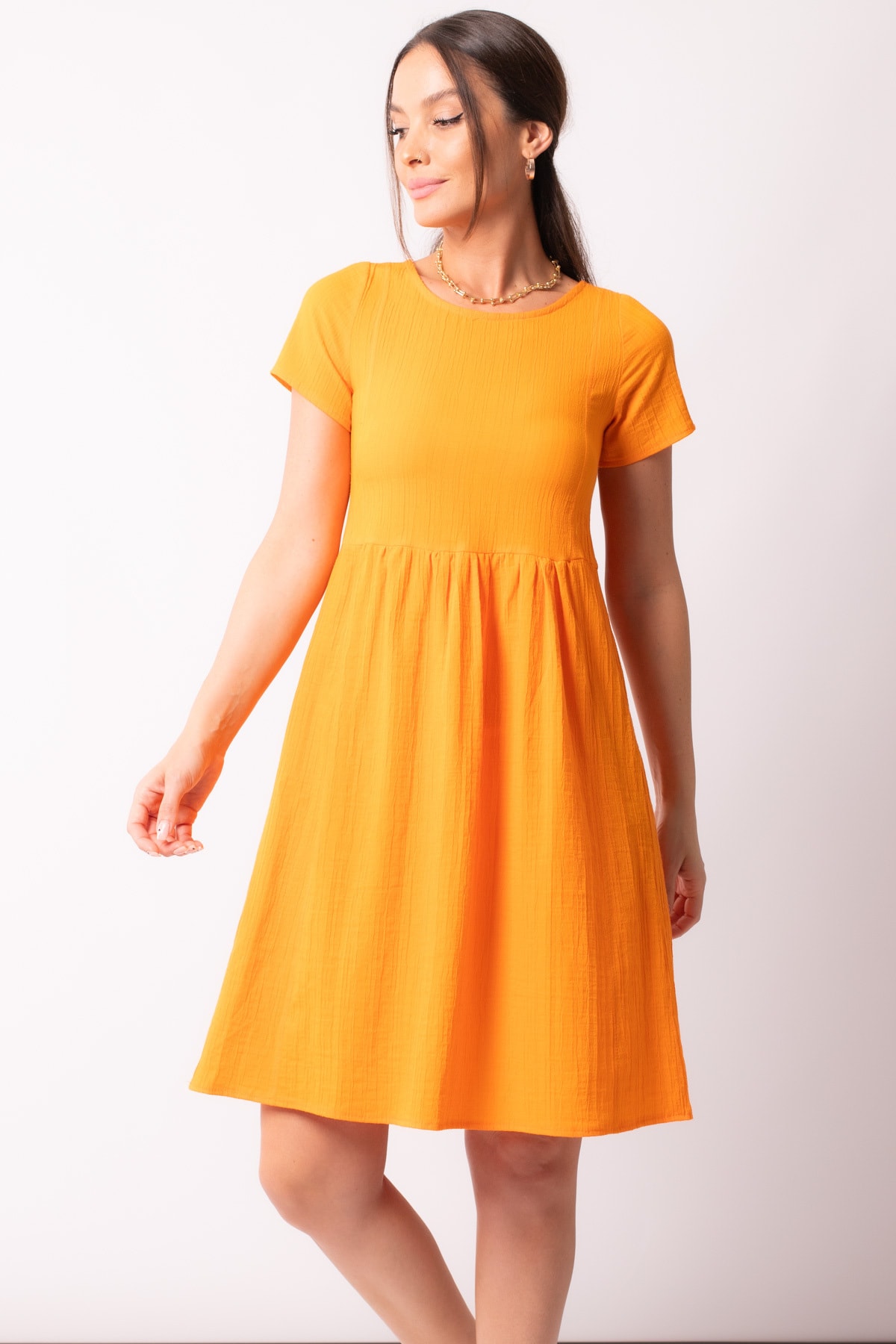 Levně armonika Women's Orange Decollete Decollete Elastic Detailed Short Sleeve Dress