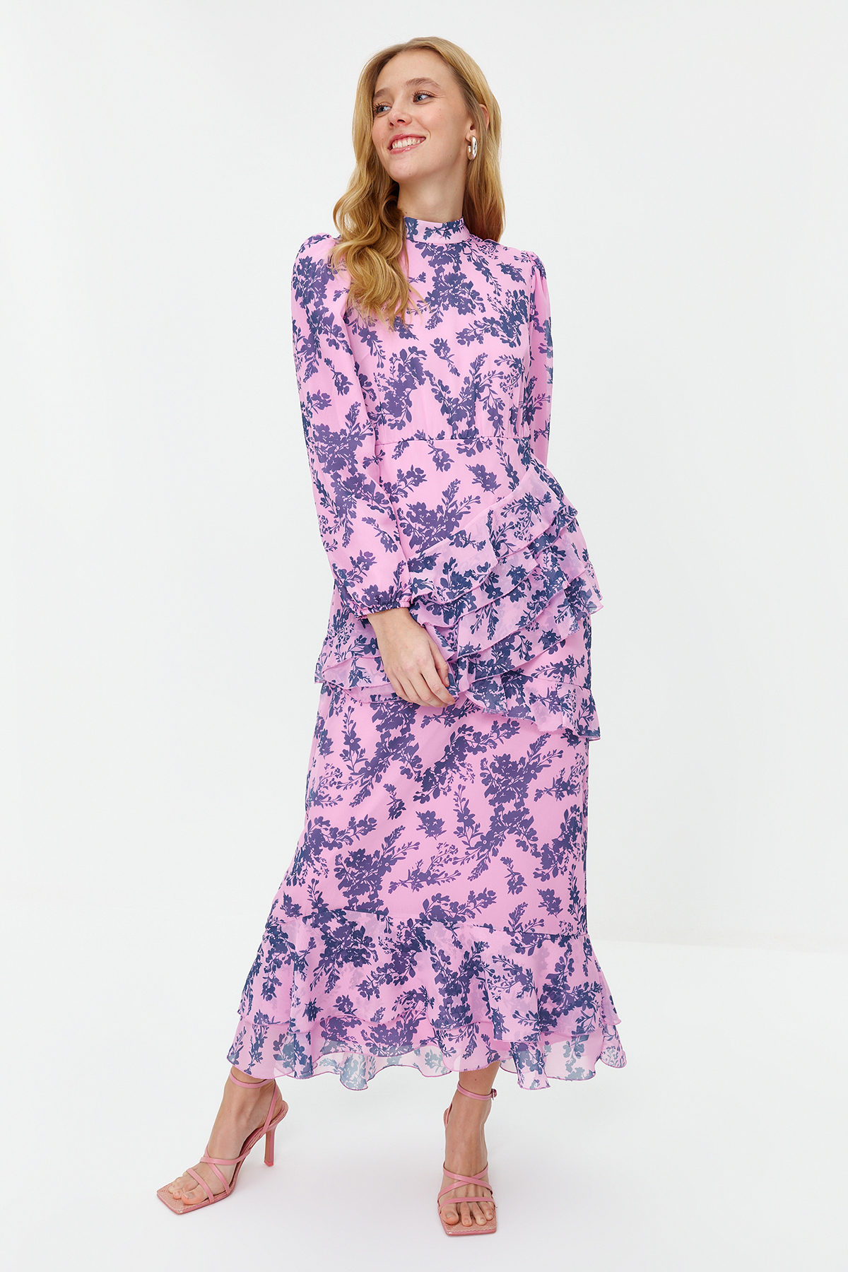 Trendyol Lilac Floral Skirt Frilly Lined Woven Chiffon Dress
