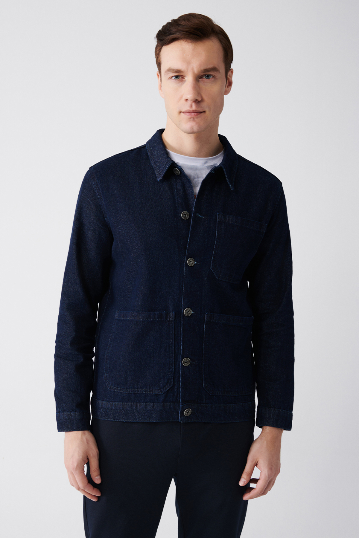 Levně Avva Men's Navy Blue Classic Collar 100% Cotton Comfort Fit Comfortable Cut Denim Coat
