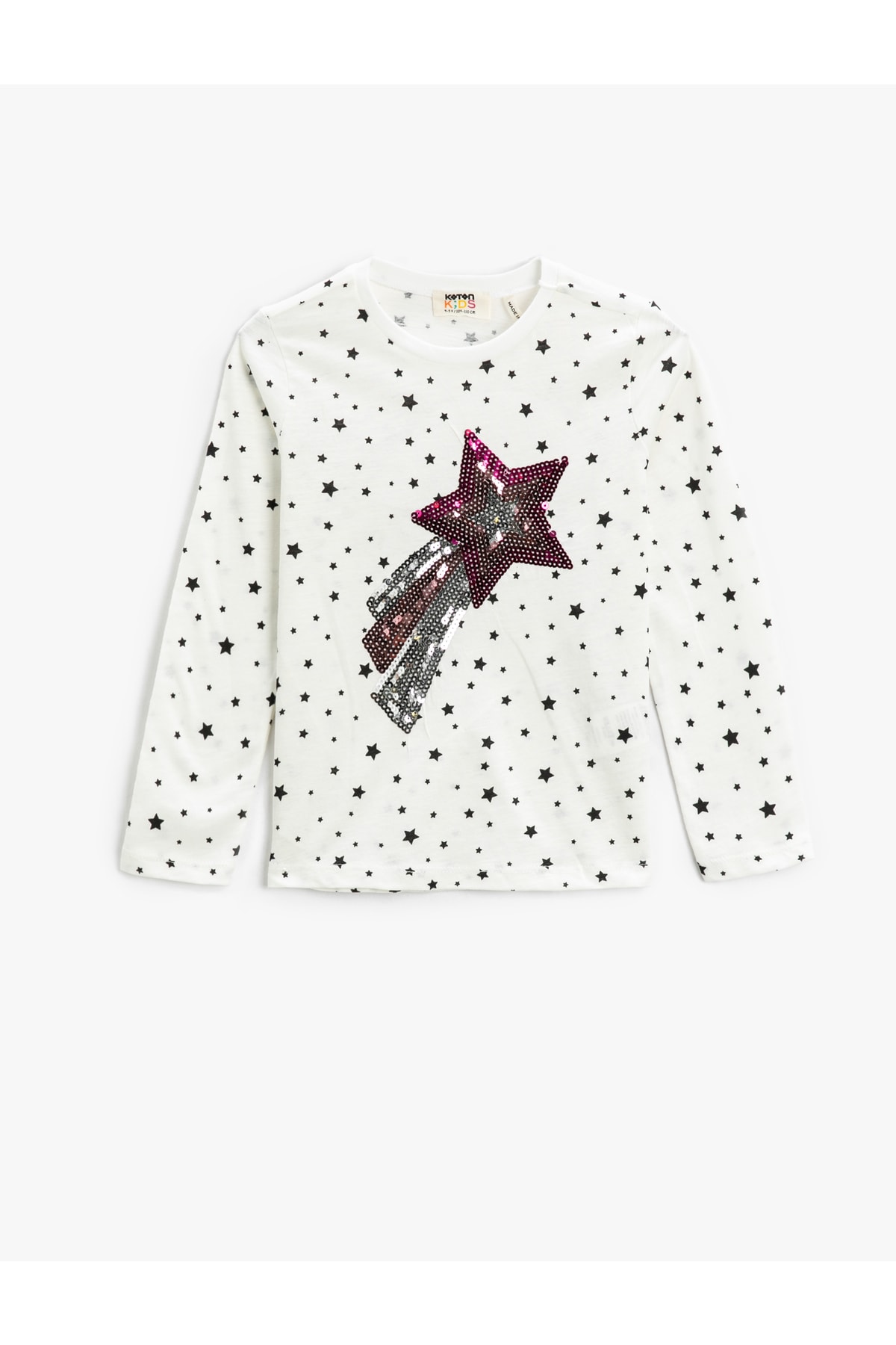 Koton Stars Embroidered Sequins T-Shirt Long Sleeved Crew Neck Cotton.
