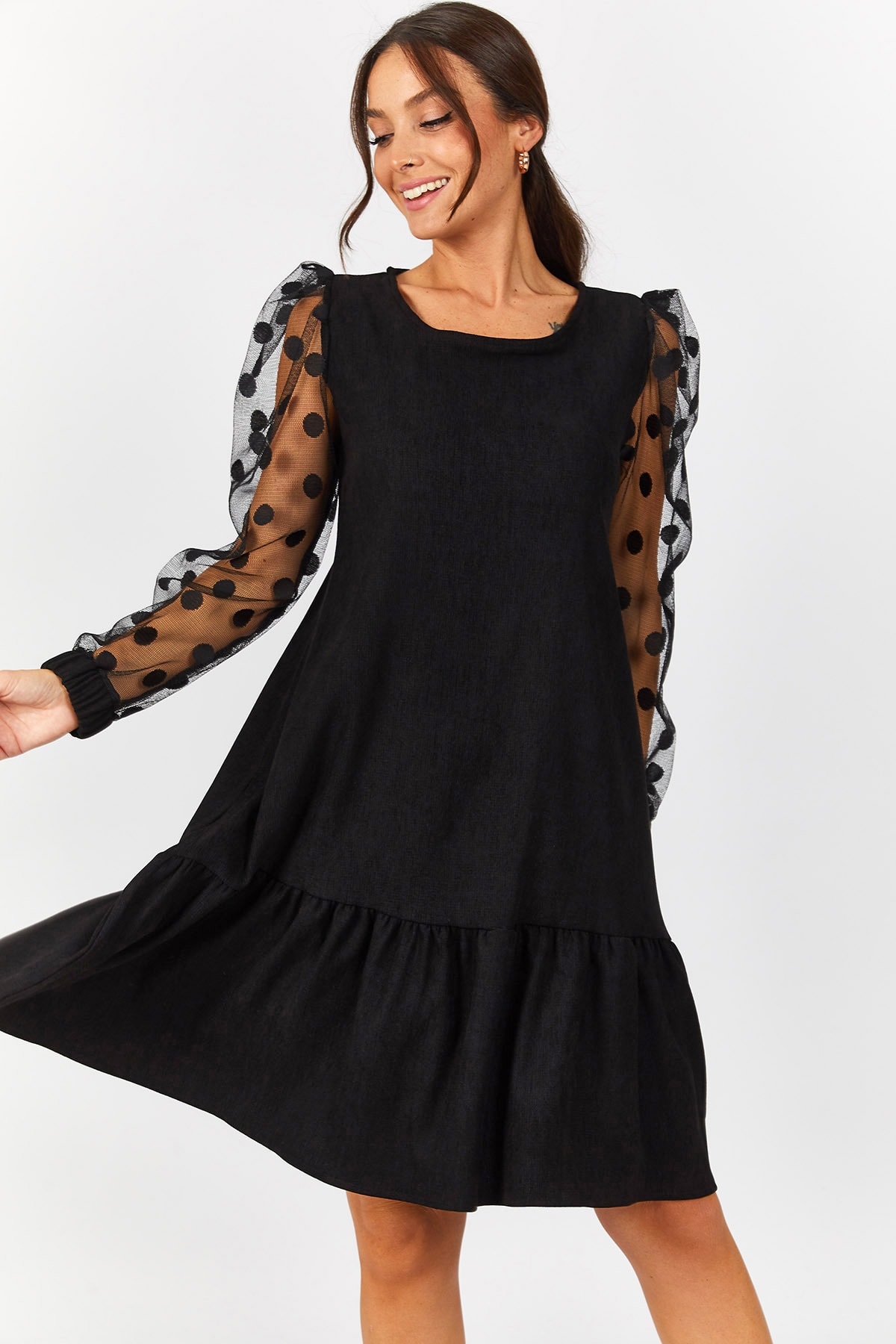 Armonika Women's Black Sleeve Tulle Six Ruffled Dress
