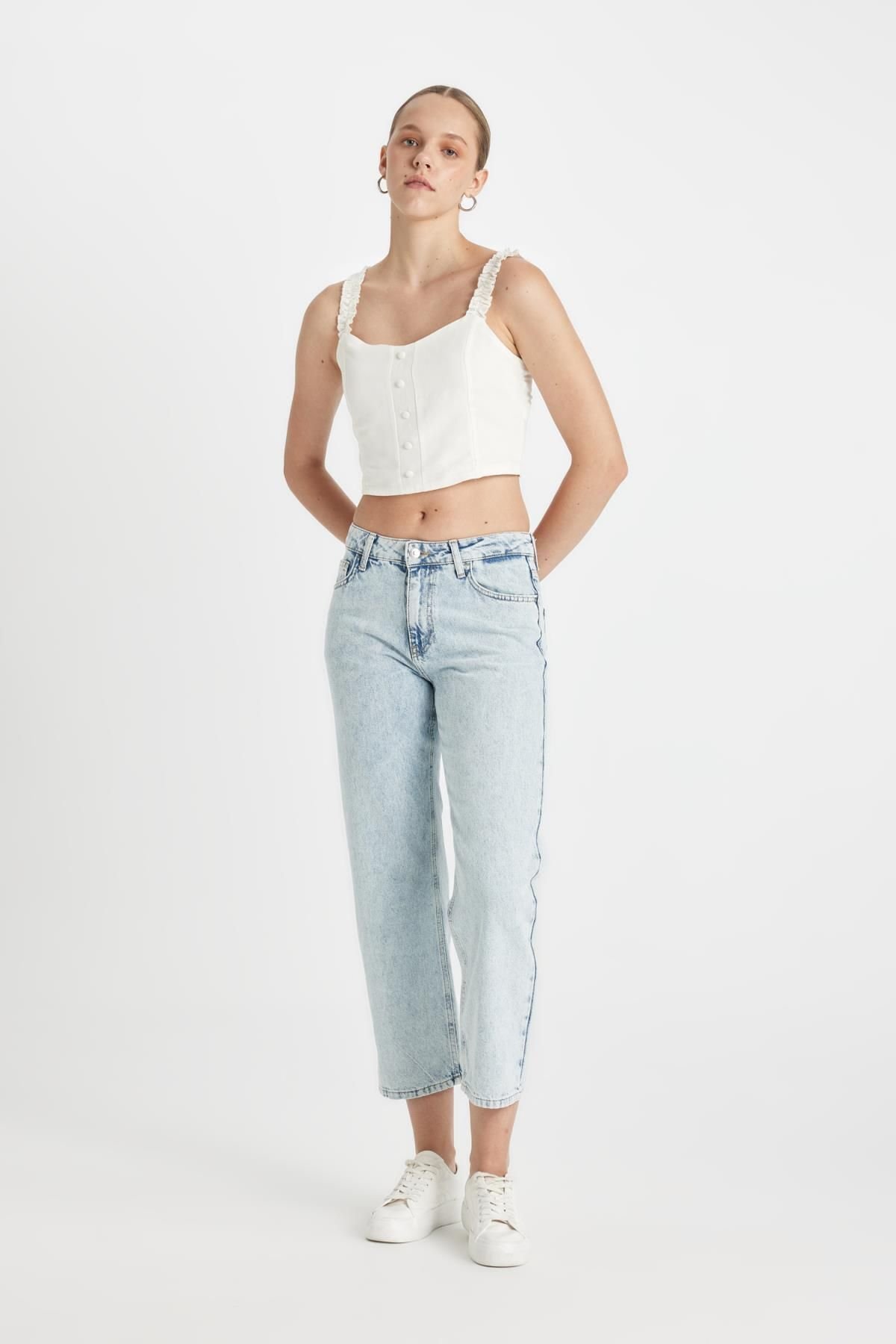 DEFACTO Straight Fit Normal Waist Ankle Length Jean Washed Trousers