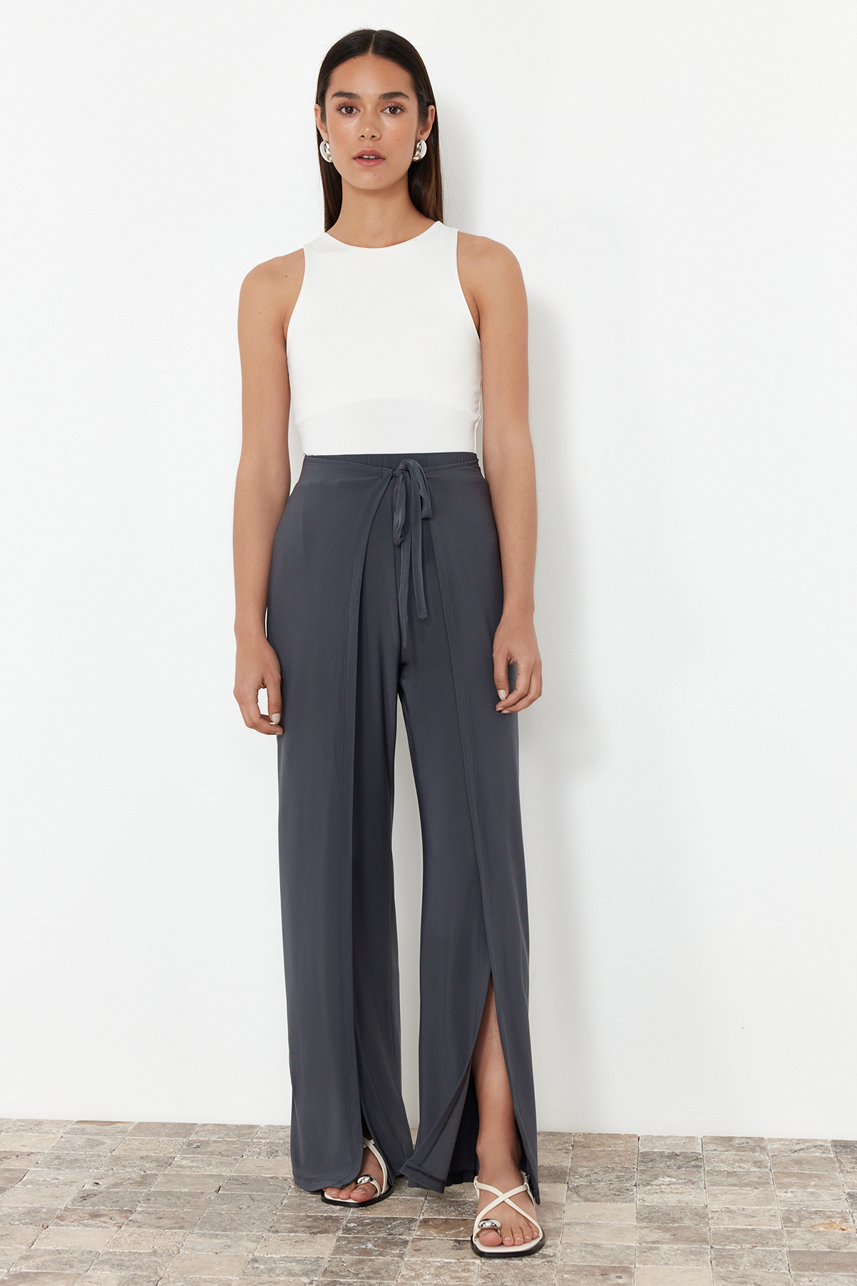 Trendyol Anthracite Tie Detailed Slit Flexible Trousers