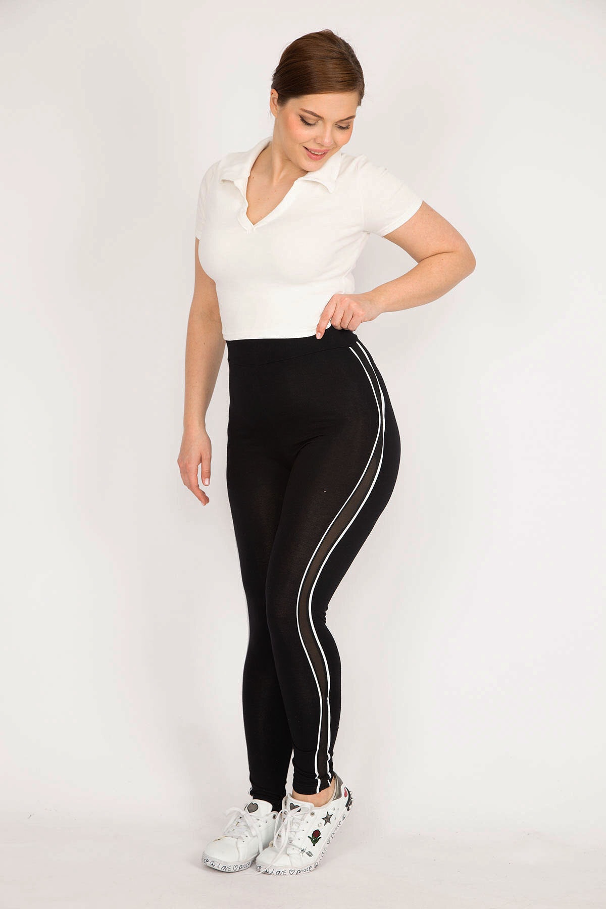 Şans Women's Black Plus Size Leggings with Tulle and Stripe Detail on the Sides
