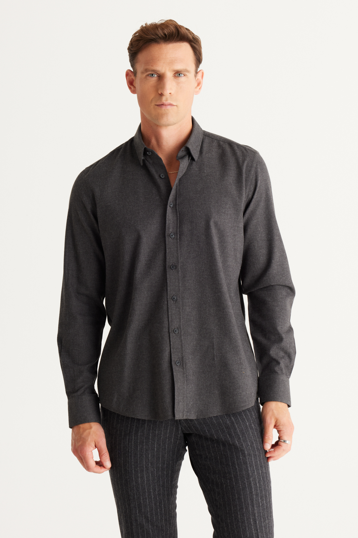 Levně ALTINYILDIZ CLASSICS Men's Anthracite Recycle Slim Fit Slim Fit Hidden Button Collar Cotton Flannel Lumberjack Shirt