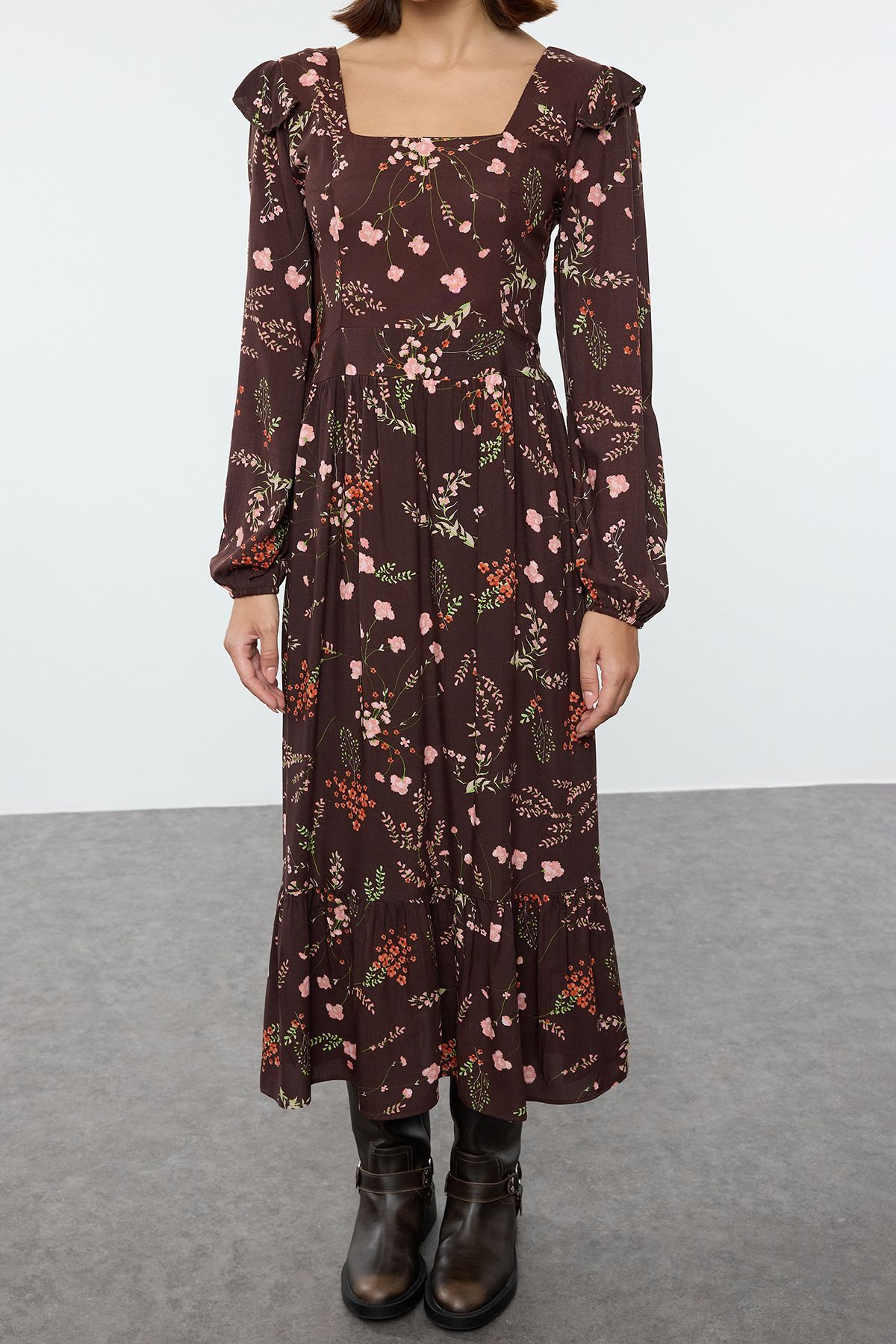 Trendyol Brown Floral A-Line Ruffle 100% Viscose Woven Dress
