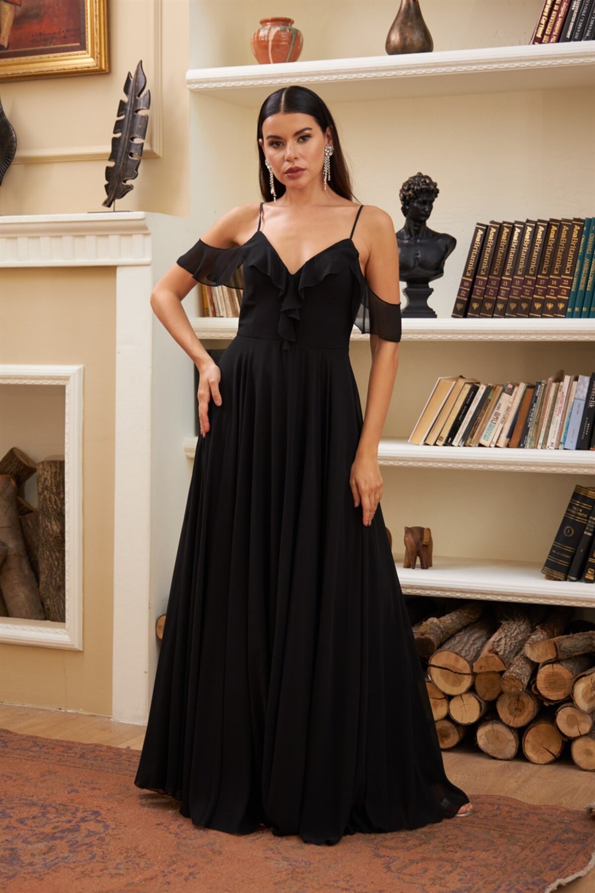 Levně Carmen Black Chiffon Long Evening Dress with Ruffles on the chest.