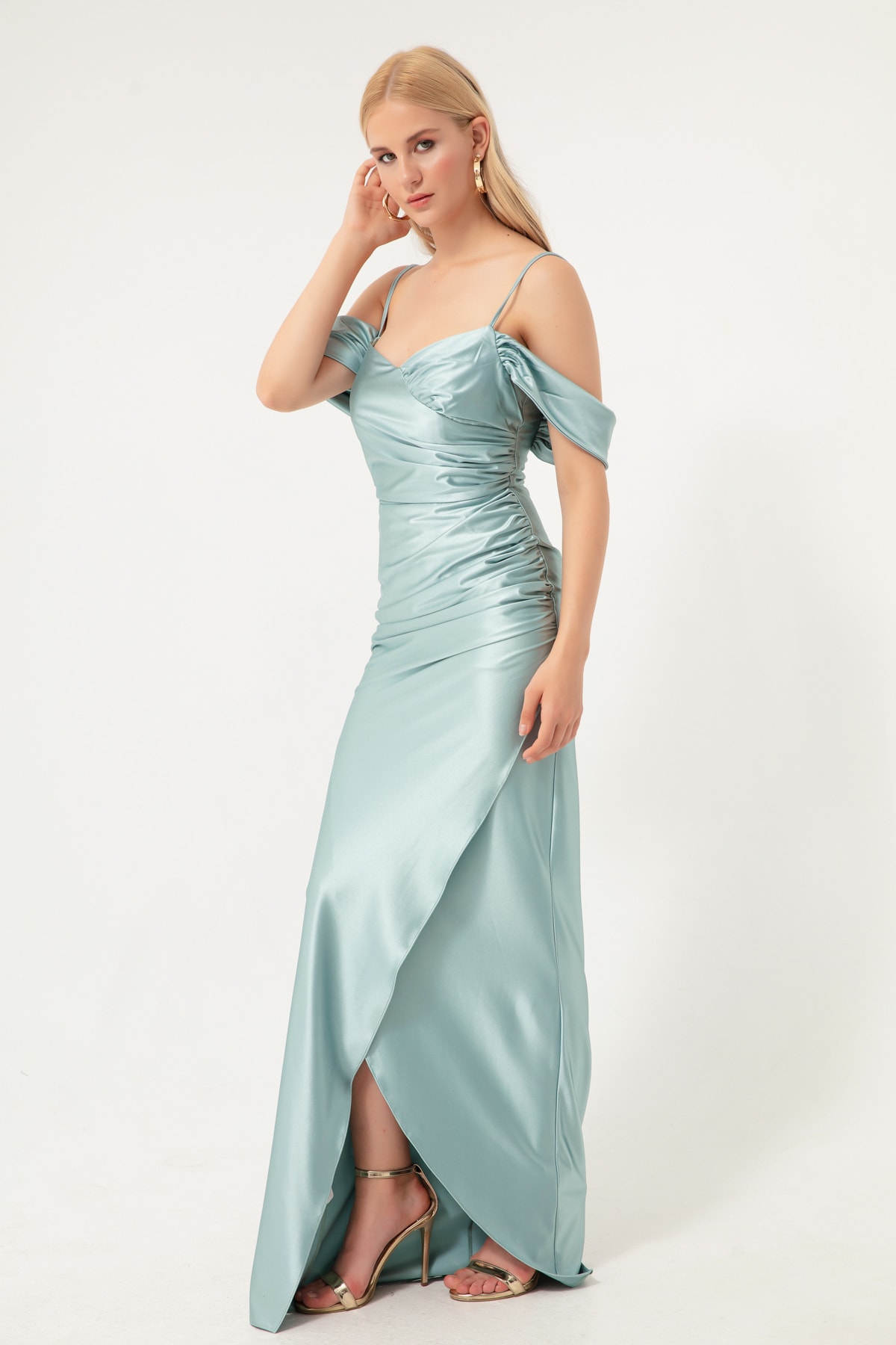 Lafaba Women's Turquoise Evening Dress with Thin Straps, Double Breasted Collar and Slits.