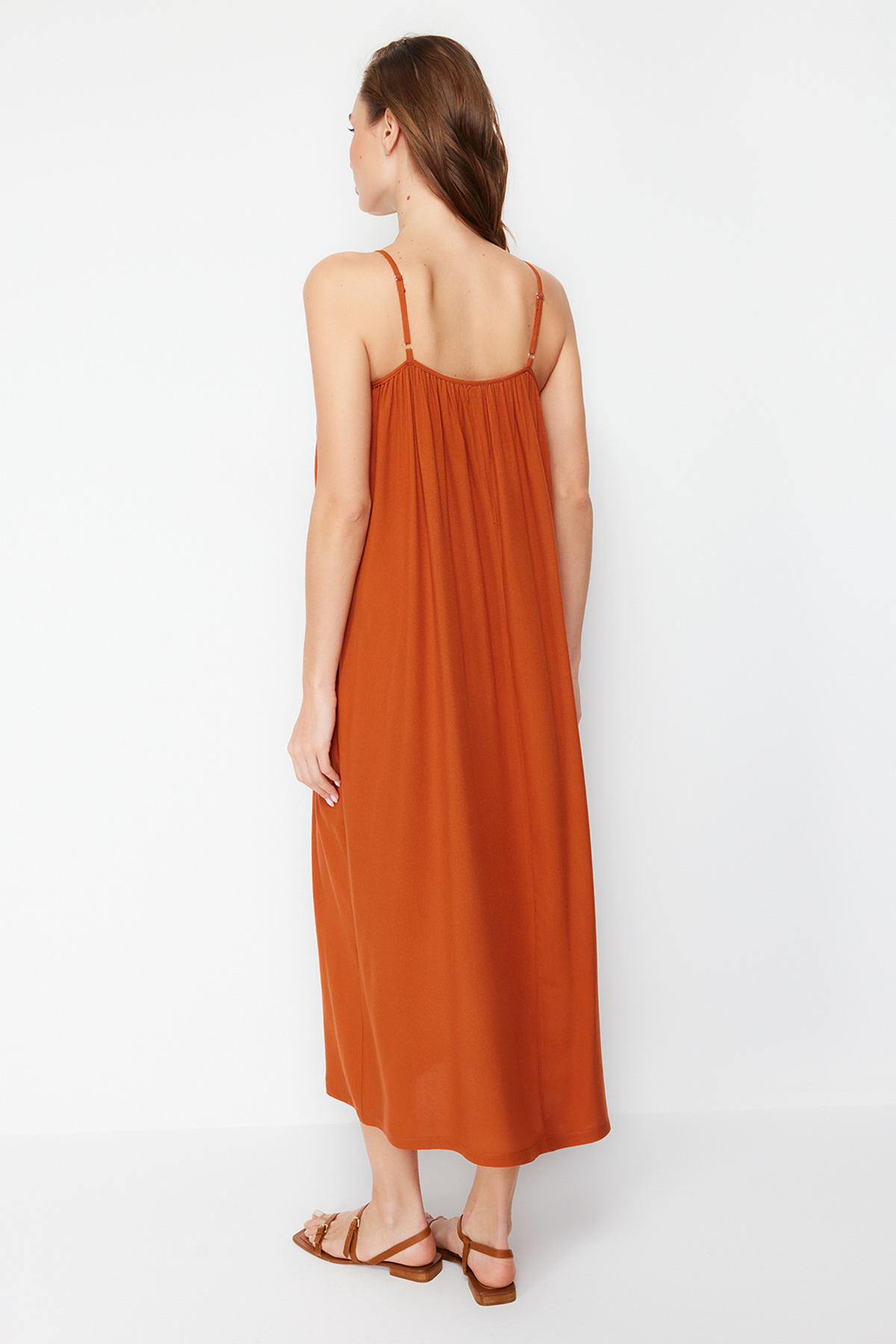 Trendyol Brown Shift/Straight Cut Viscose Strap Maxi Woven Dress