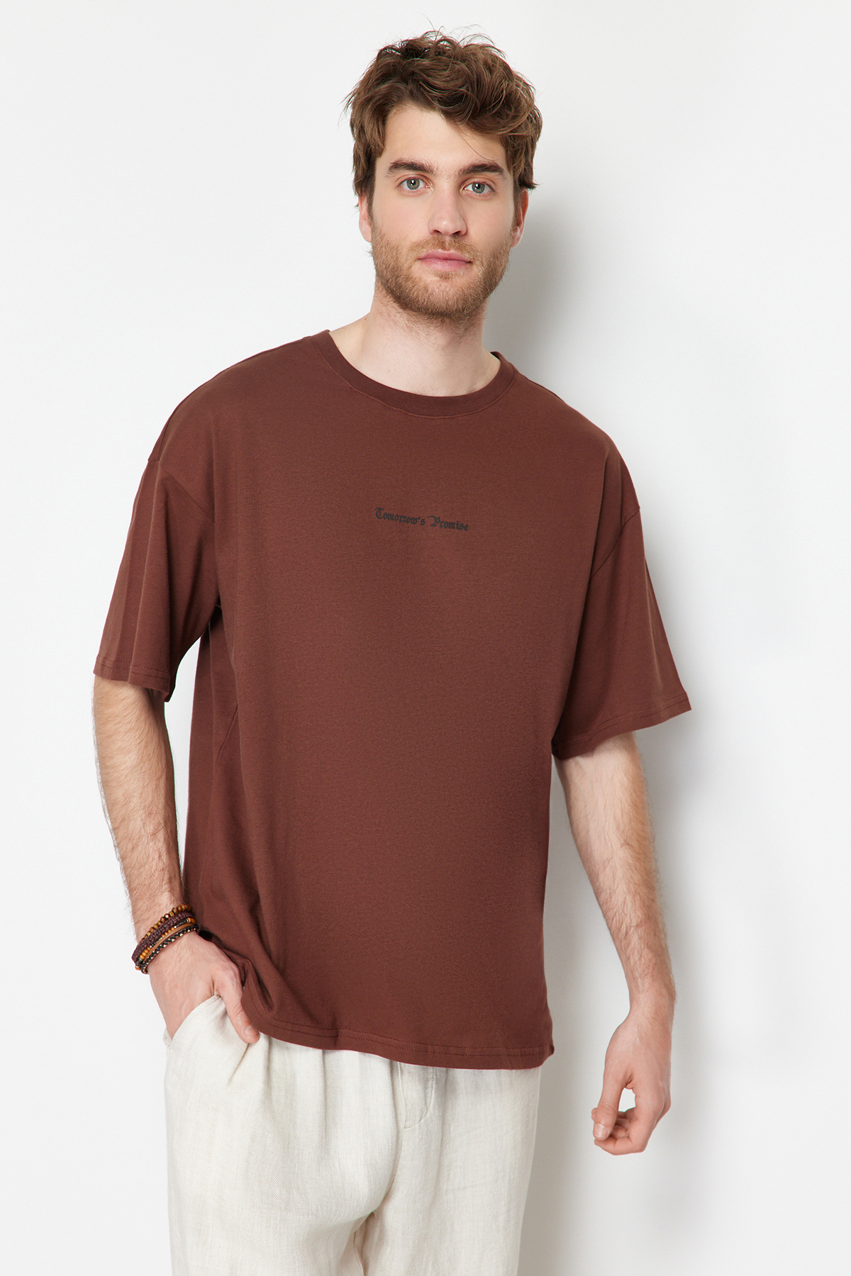 Trendyol Brown Men's Oversize Fluffy Flower Printed 100% Cotton T-Shirt