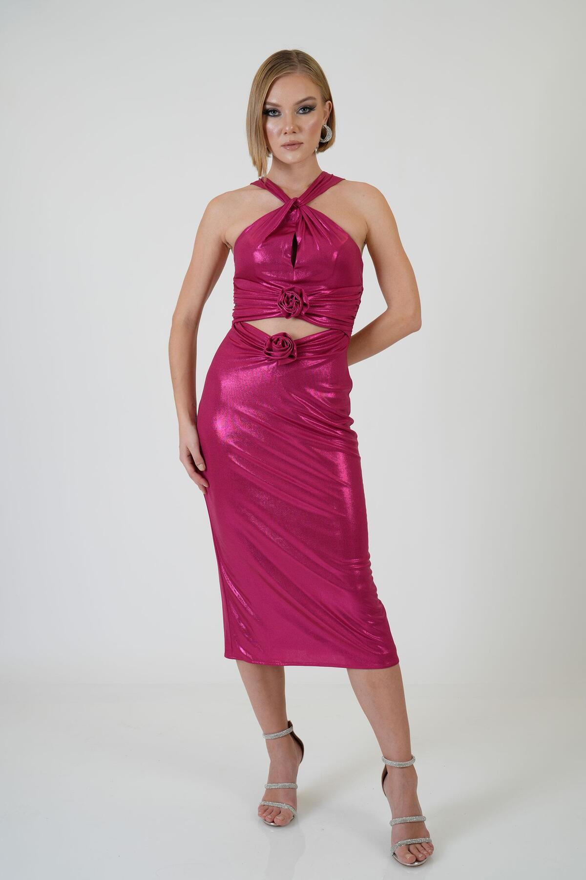 Levně Carmen Fuchsia Rose Detailed Decollete Sandy Evening Dress