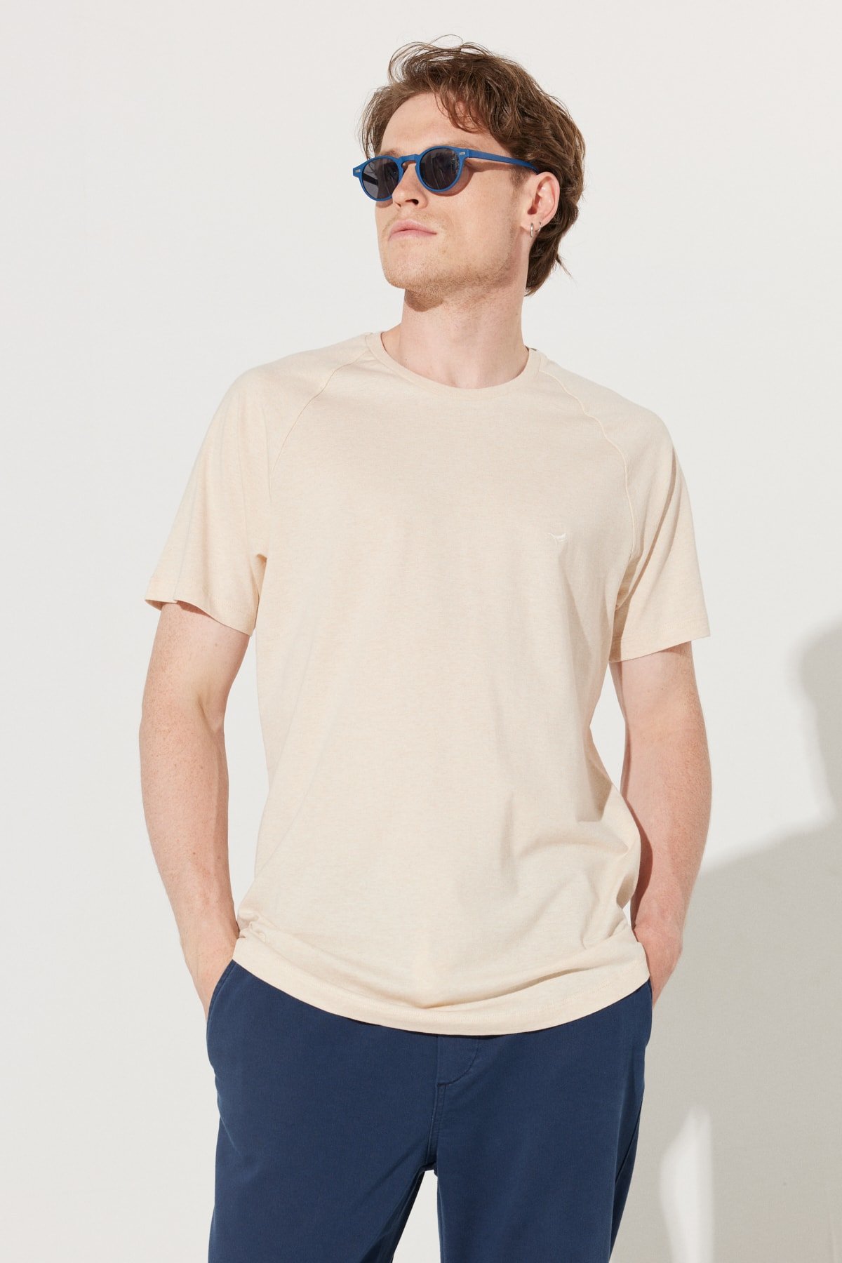 Levně ALTINYILDIZ CLASSICS Men's Beige Long Fit Crew Neck 100% Cotton Short Sleeve T-Shirt