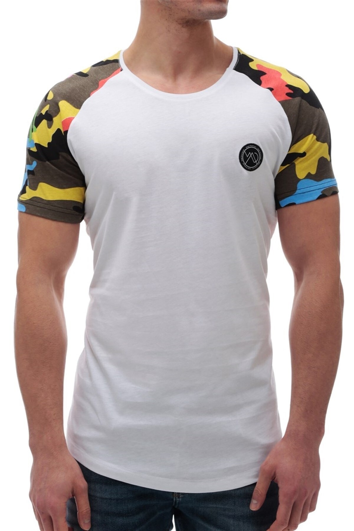Madmext Camouflage Patterned White T-Shirt 2979