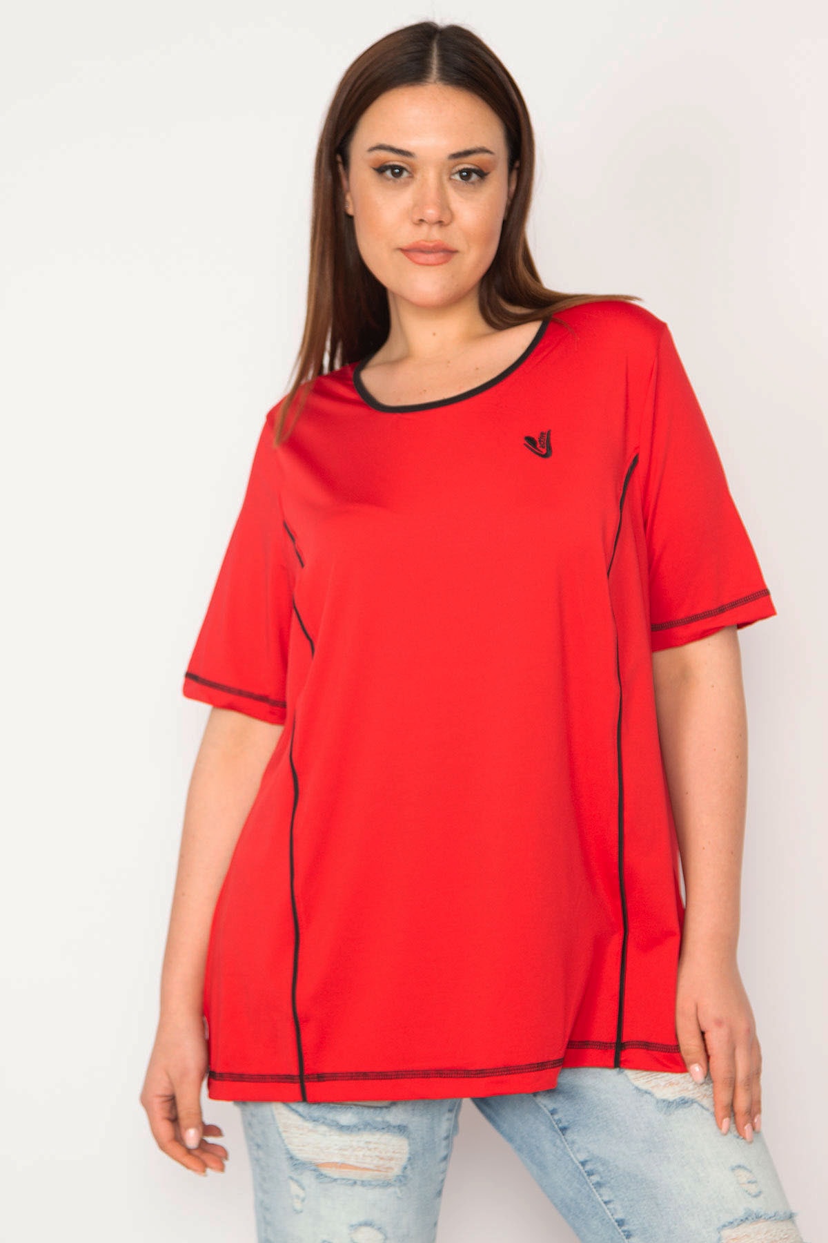 Şans Women's Plus Size Red Collar Webbing Sports Blouse