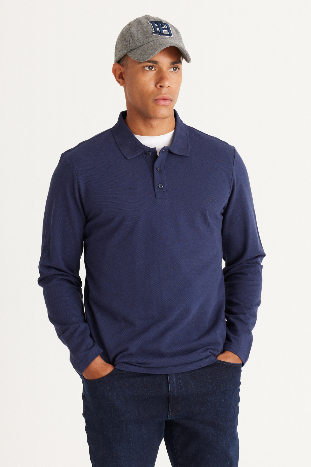 Levně AC&Co / Altınyıldız Classics Men's Navy Blue Standard Fit Normal Cut 3 Thread Fleece 100% Cotton Polo Neck Sweatshirt